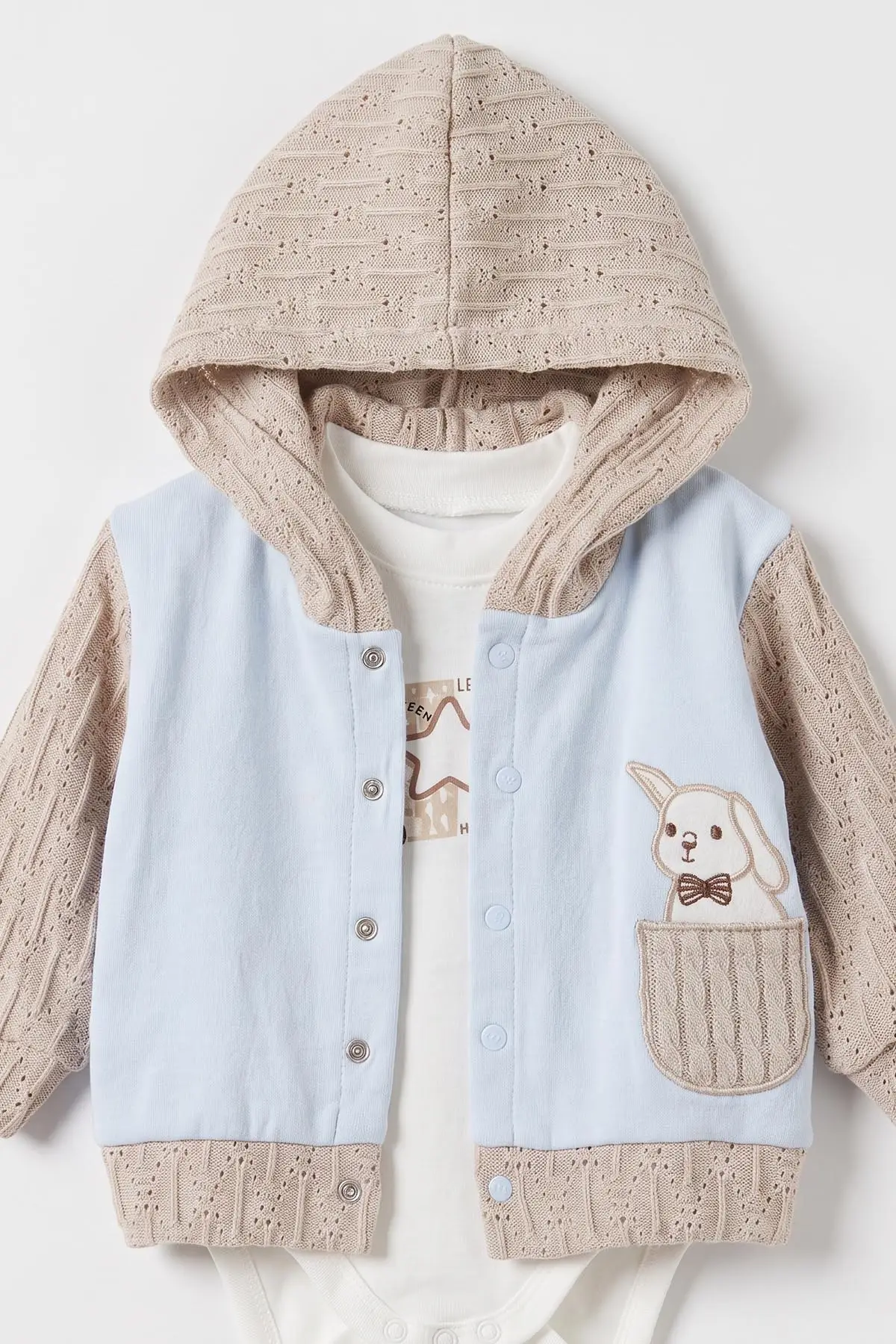 Bebe Mavisi (0-9 Ay) Ayıcık Baskılı Kapüşonlu Hırkalı Erkek Bebek 3'lü Takım 477028