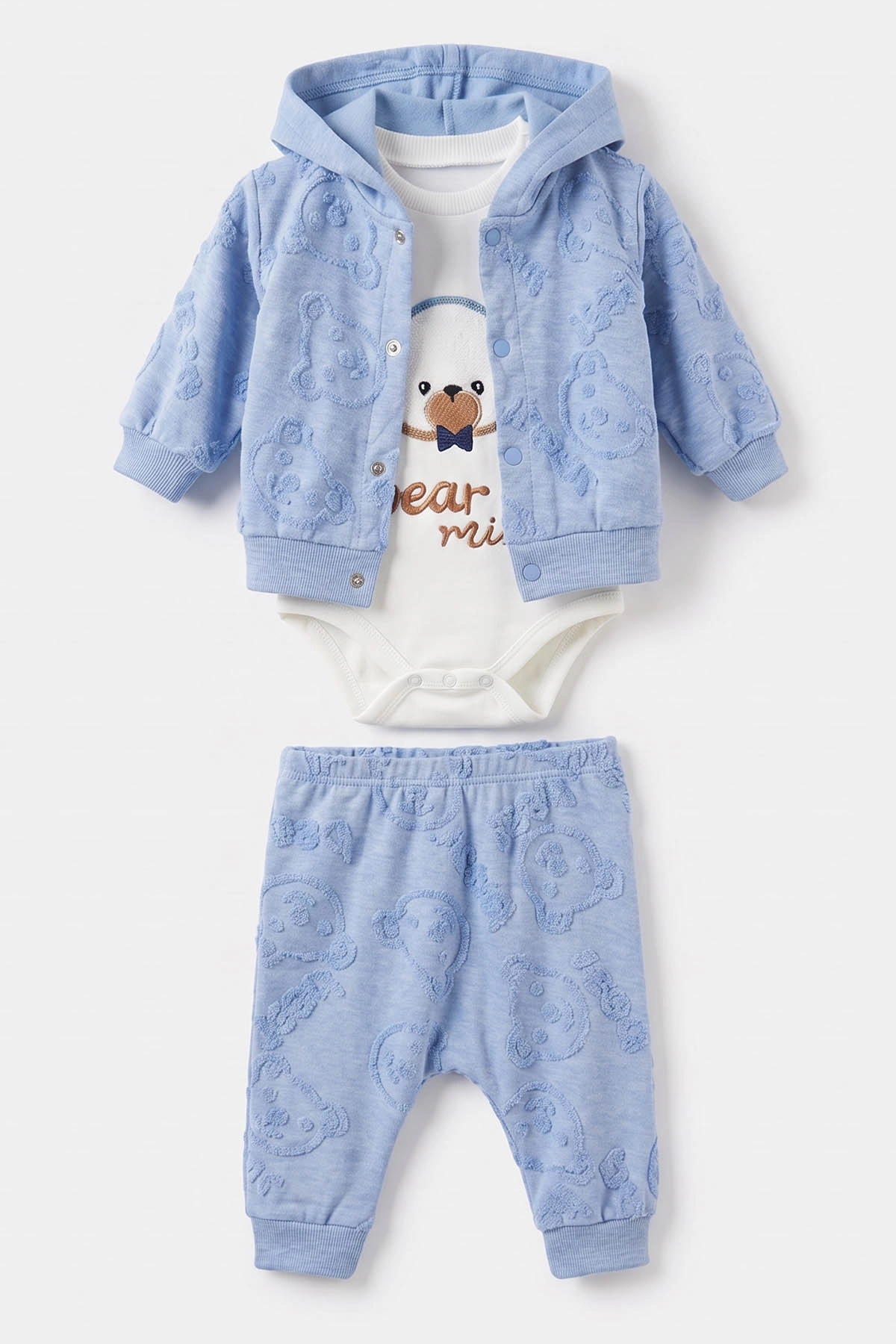Bebe Mavisi (0-9 Ay)  Ayıcık Nakışlı Kapüşonlu Hırkalı Erkek Bebek 3'lü Takım 476074