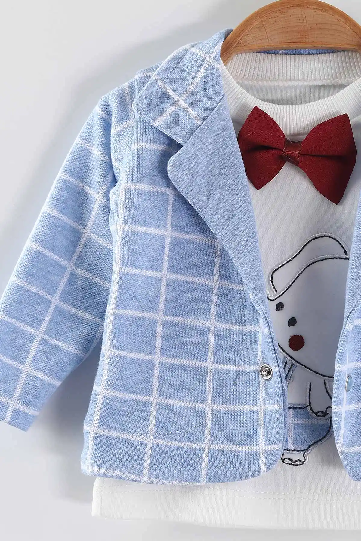 Bebe Mavisi (0-9 Ay) Balonlu Fil Nakışlı Badili Ceketli Erkek  Bebek 3'lü Takım 456462