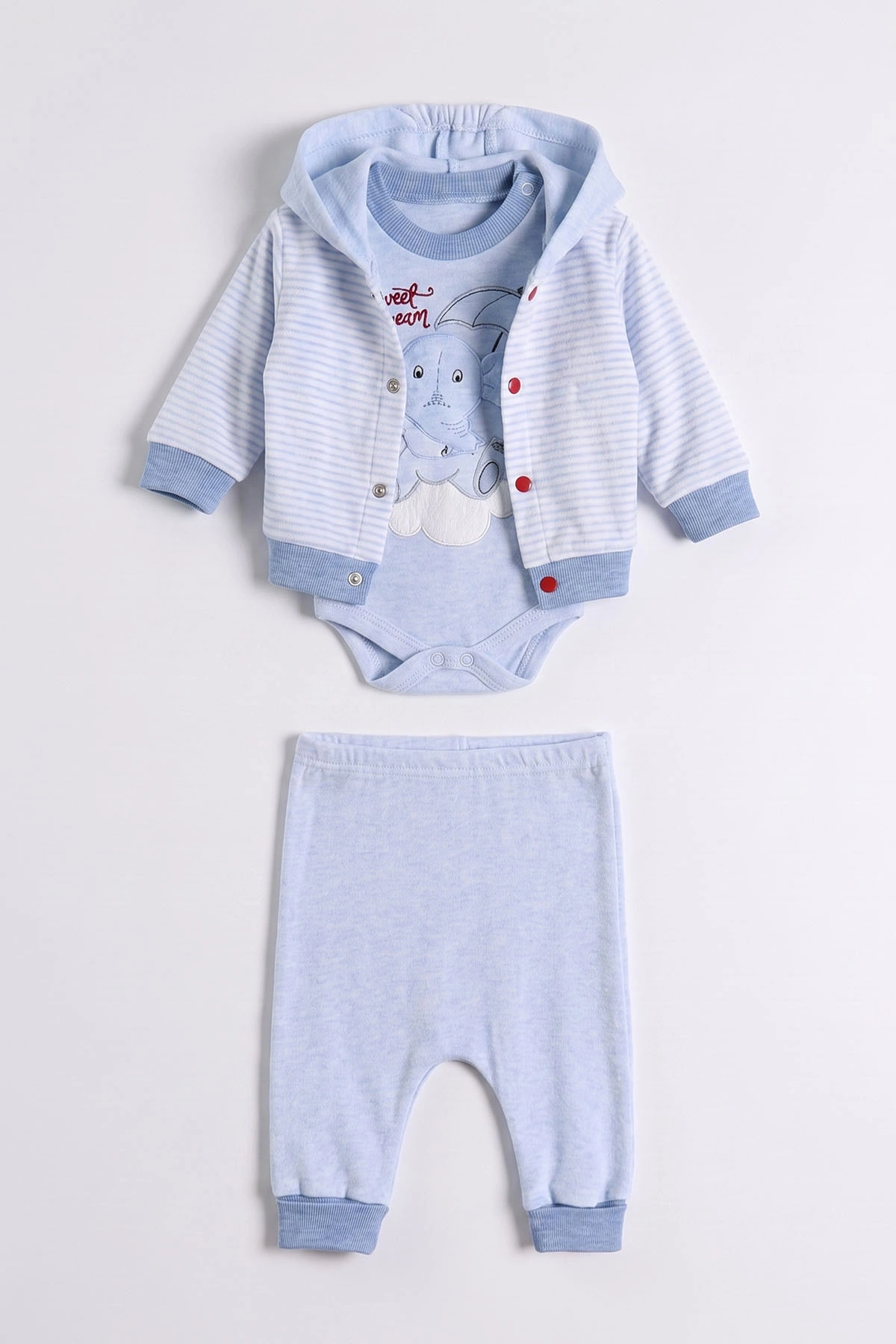 Bebe Mavisi (0-9 Ay)  Fil  Nakışlı Kapüşonlu Çıtçıtlı Hırkalı 3'lü Erkek Bebe Takım 475939