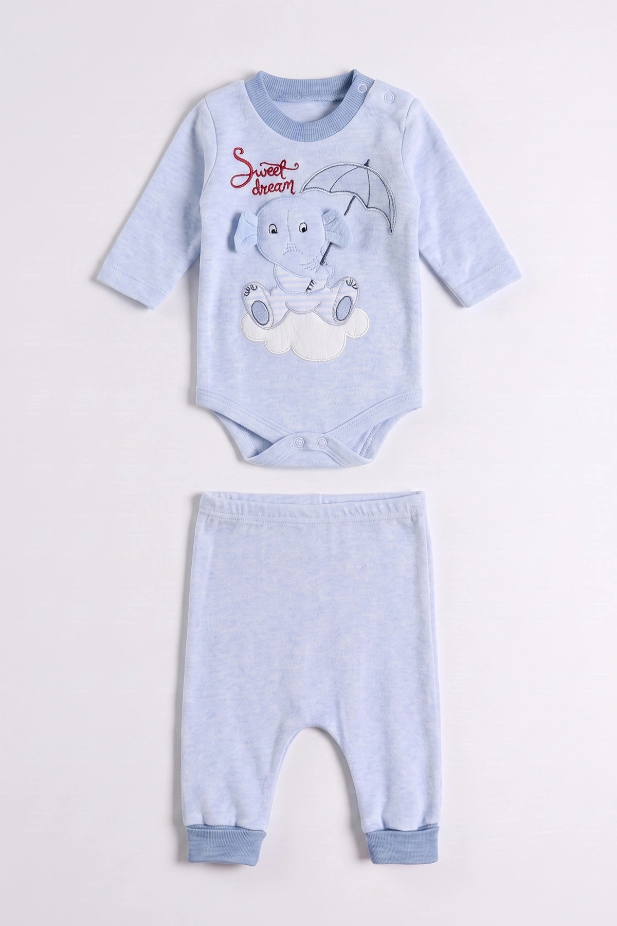 Bebe Mavisi (0-9 Ay)  Fil  Nakışlı Kapüşonlu Çıtçıtlı Hırkalı 3'lü Erkek Bebe Takım 475939