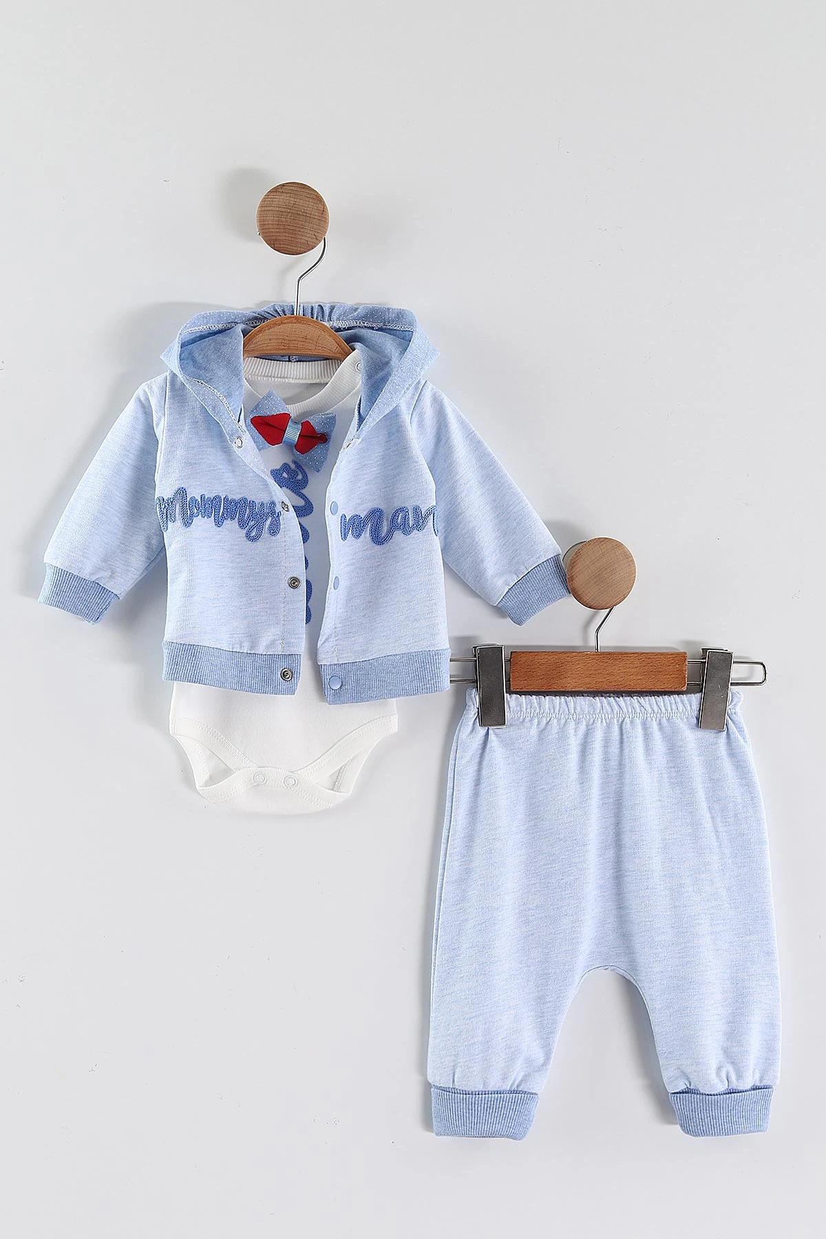 Bebe Mavisi (0-9 Ay) Little  Nakışlı Kapüşonlu Hırkalı Zıbınlı  Erkek Bebek 3'lü Takım 456358