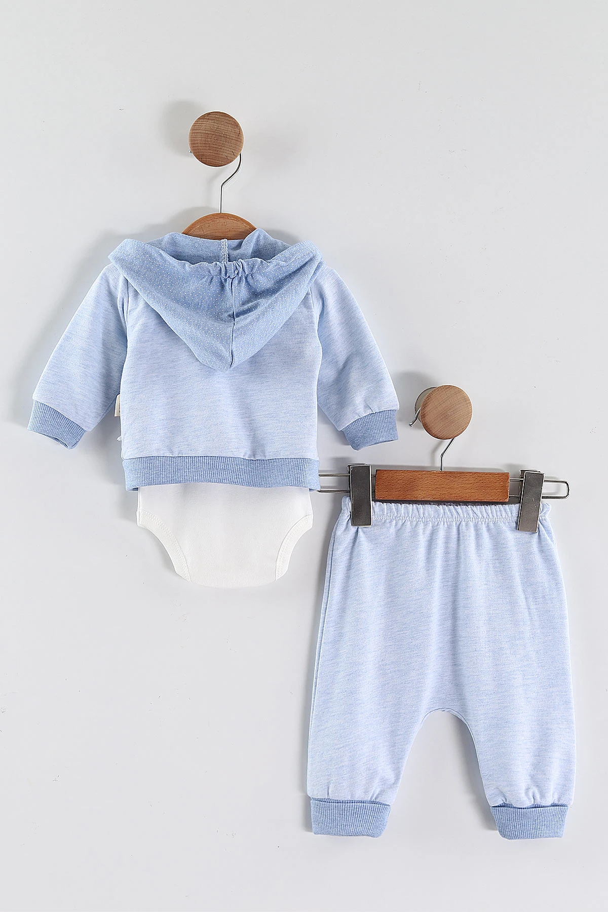Bebe Mavisi (0-9 Ay) Little  Nakışlı Kapüşonlu Hırkalı Zıbınlı  Erkek Bebek 3'lü Takım 456358