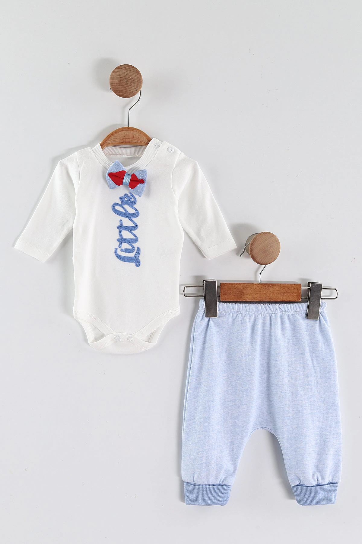 Bebe Mavisi (0-9 Ay) Little  Nakışlı Kapüşonlu Hırkalı Zıbınlı  Erkek Bebek 3'lü Takım 456358