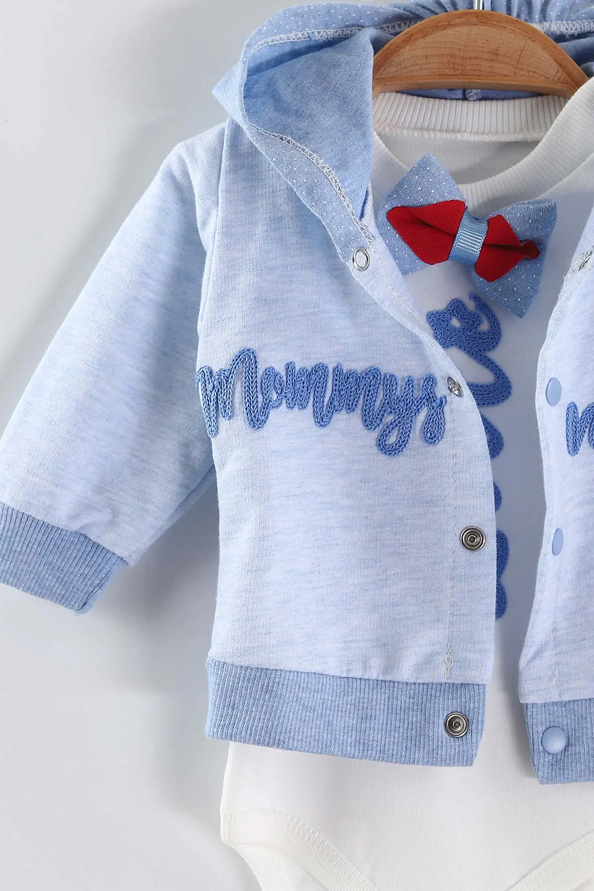 Bebe Mavisi (0-9 Ay) Little  Nakışlı Kapüşonlu Hırkalı Zıbınlı  Erkek Bebek 3'lü Takım 456358