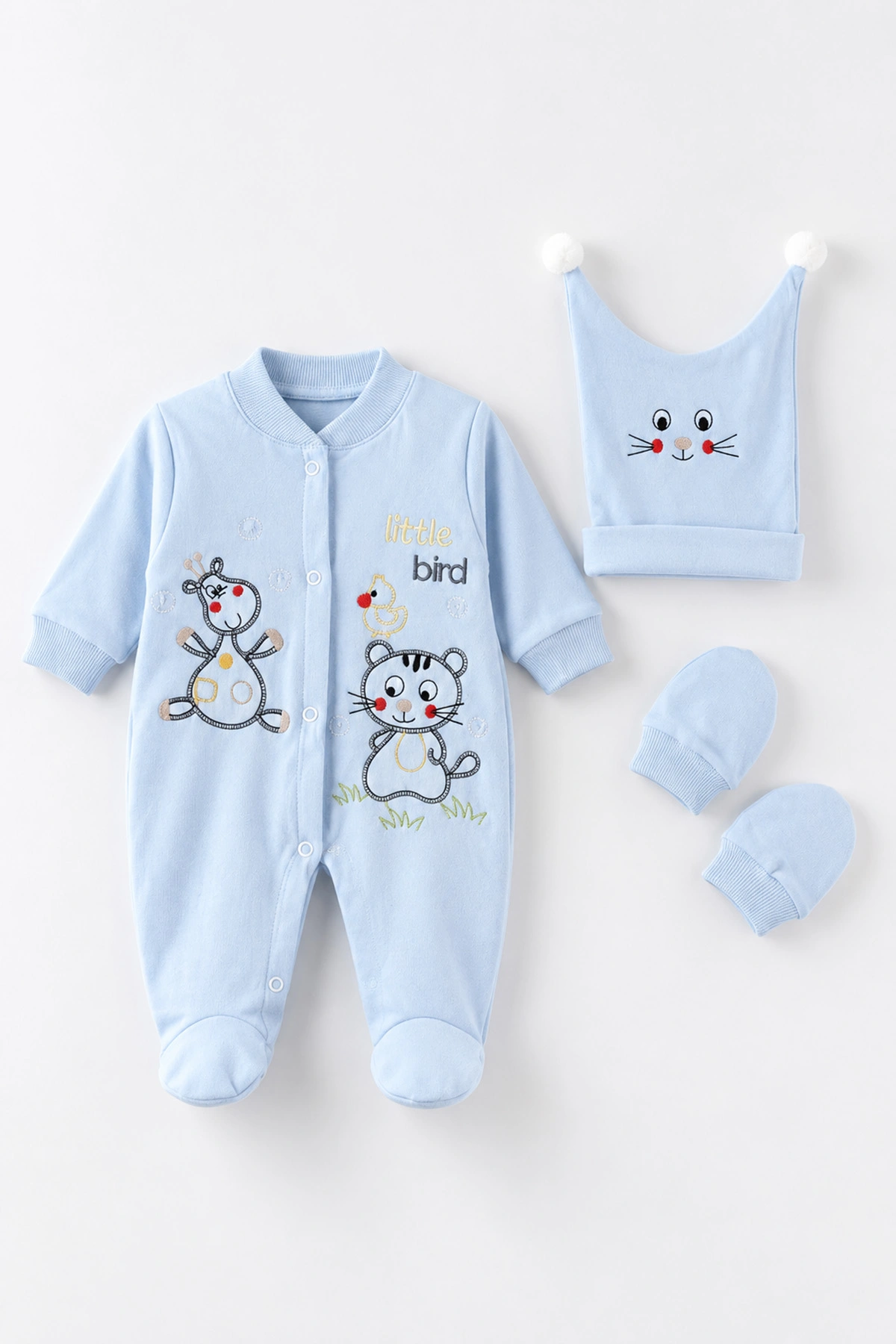 Bebe Mavisi (0-9 Ay) Sevimli Hayvanlar Nakışlı Şapkalı Eldivenli Penye Bebek Tulum 500416
