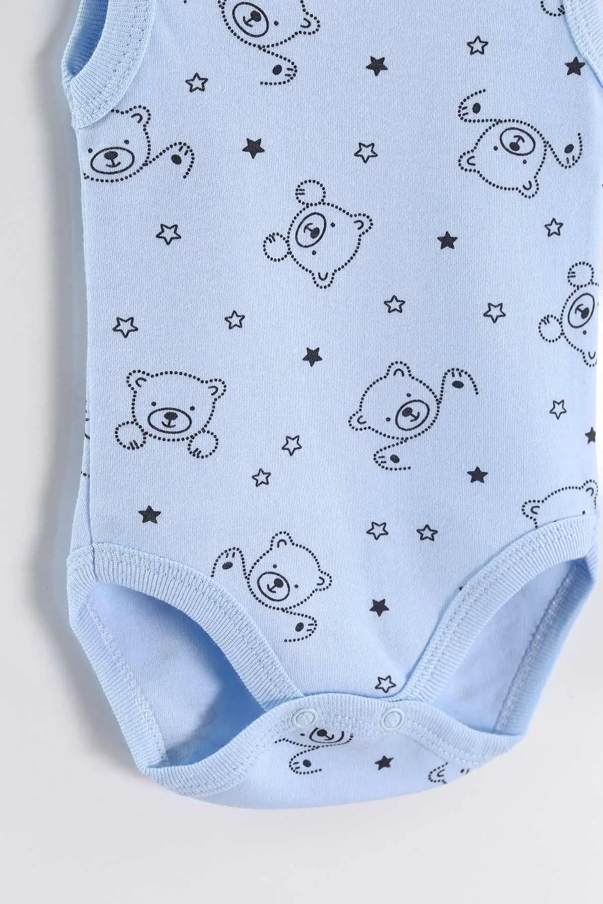 Bebe Mavisi (0-9 Ay) Yıldızlı Ayı Desenli   Sıfır Kol Bebek Çıtçıtlı Badi 458129
