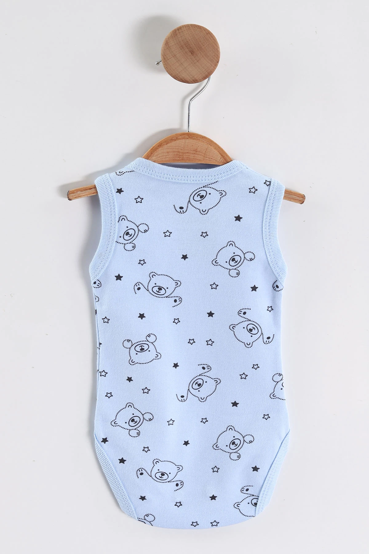 Bebe Mavisi (0-9 Ay) Yıldızlı Ayı Desenli   Sıfır Kol Bebek Çıtçıtlı Badi 458129