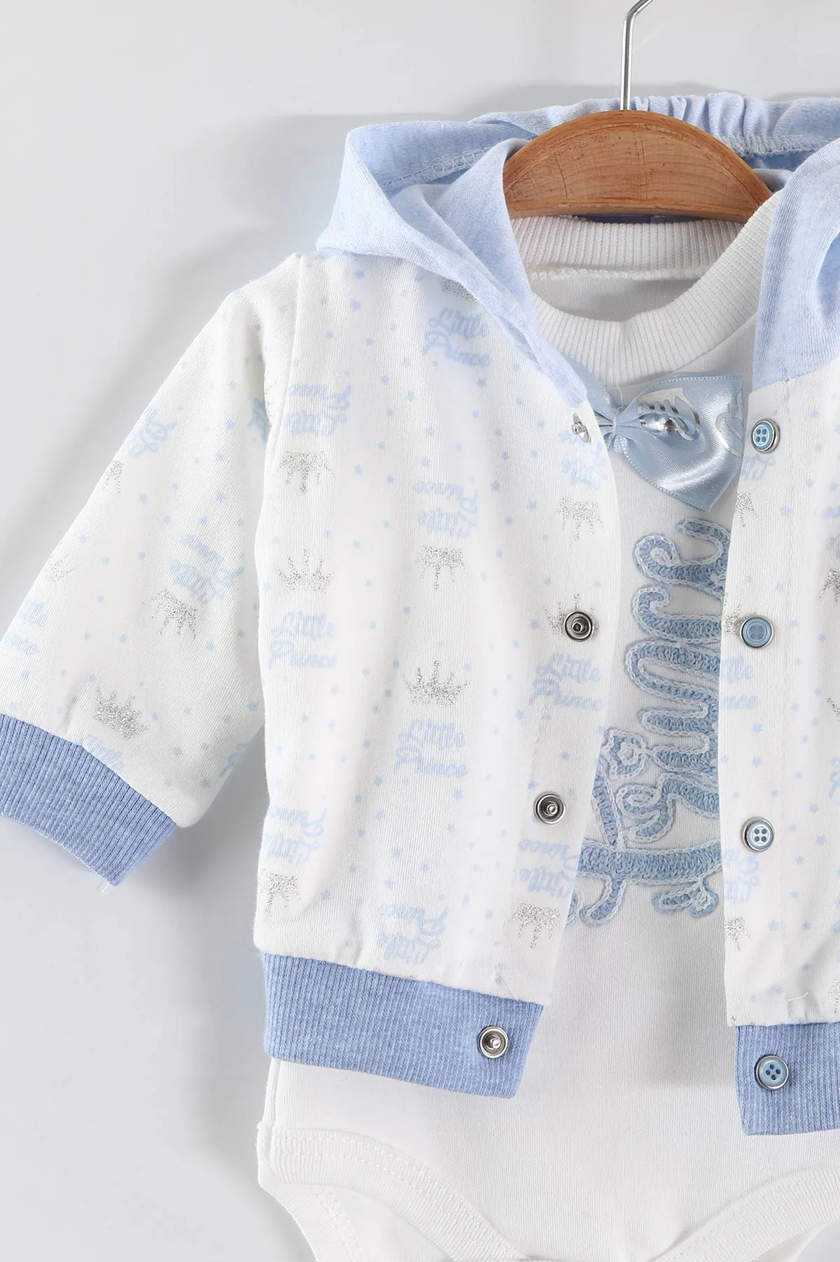 Bebe Mavisi (0-9 Ay)Prence Nakışlı Kapüşonlu Zıbınlı Erkek Bebek 3'lü Takım 456362