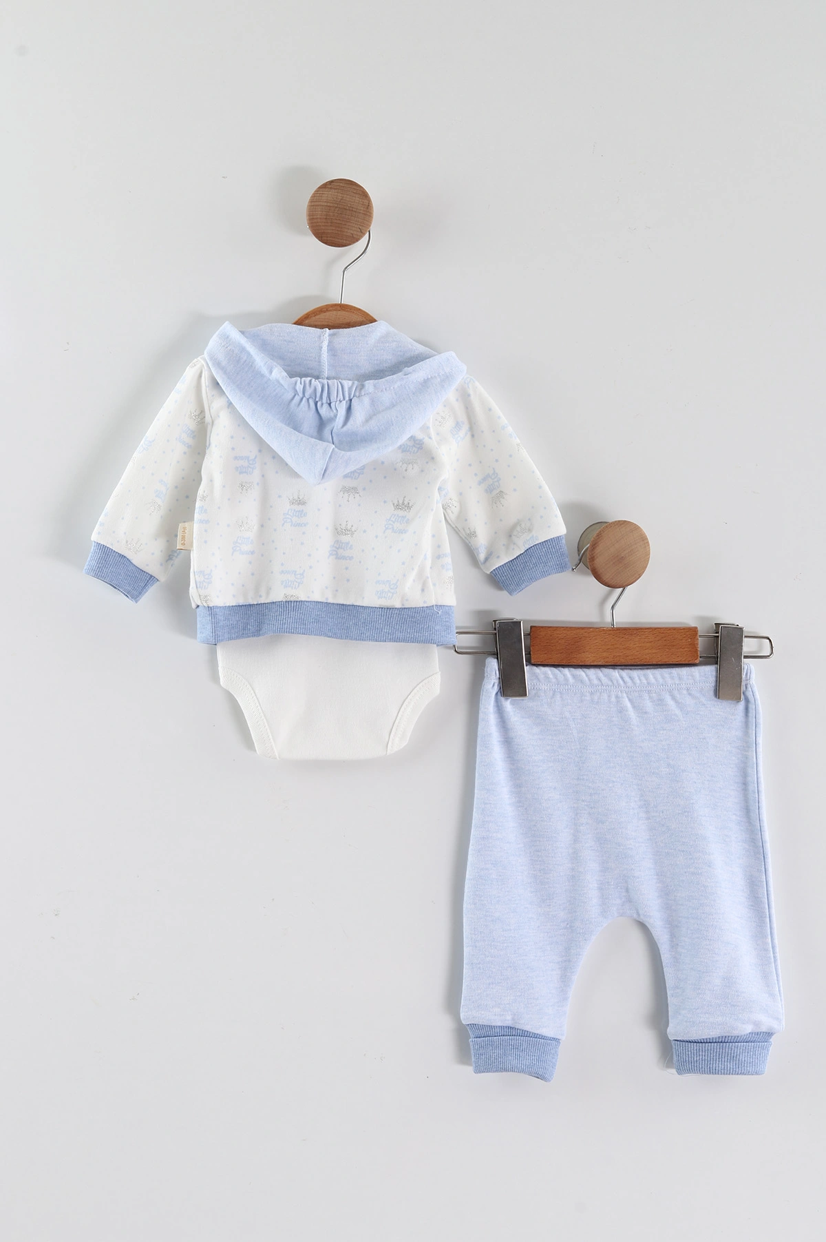 Bebe Mavisi (0-9 Ay)Prence Nakışlı Kapüşonlu Zıbınlı Erkek Bebek 3'lü Takım 456362