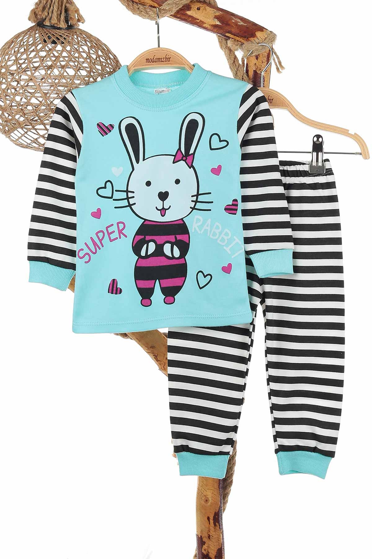 Bebe Mavisi (1-3 Yaş) Çizgili Tavşan Baskılı Kız Çocuk Pijama Takım 141056