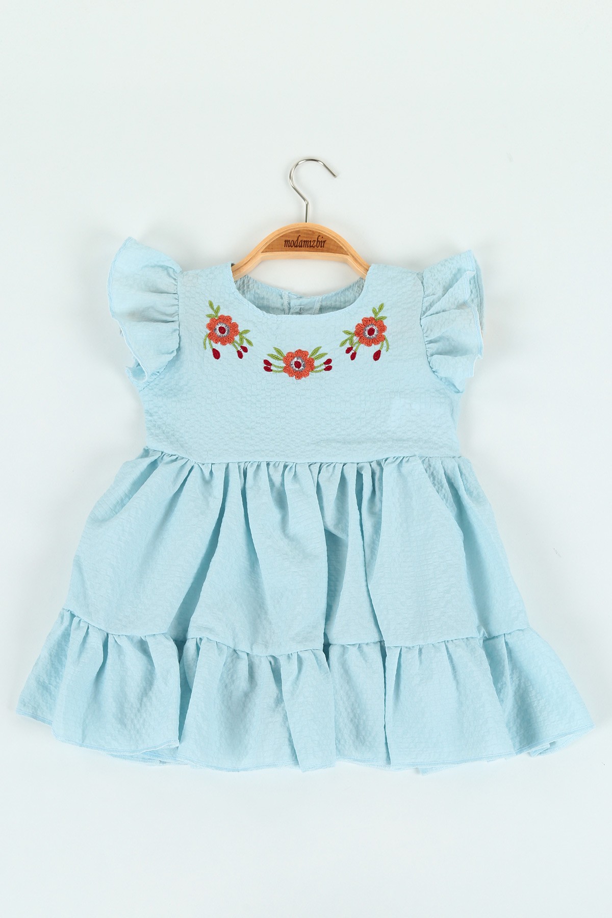 Bebe Mavisi (1-4 yaş) Çiçek Nakışlı Gofre Kız Çocuk Elbise 120396