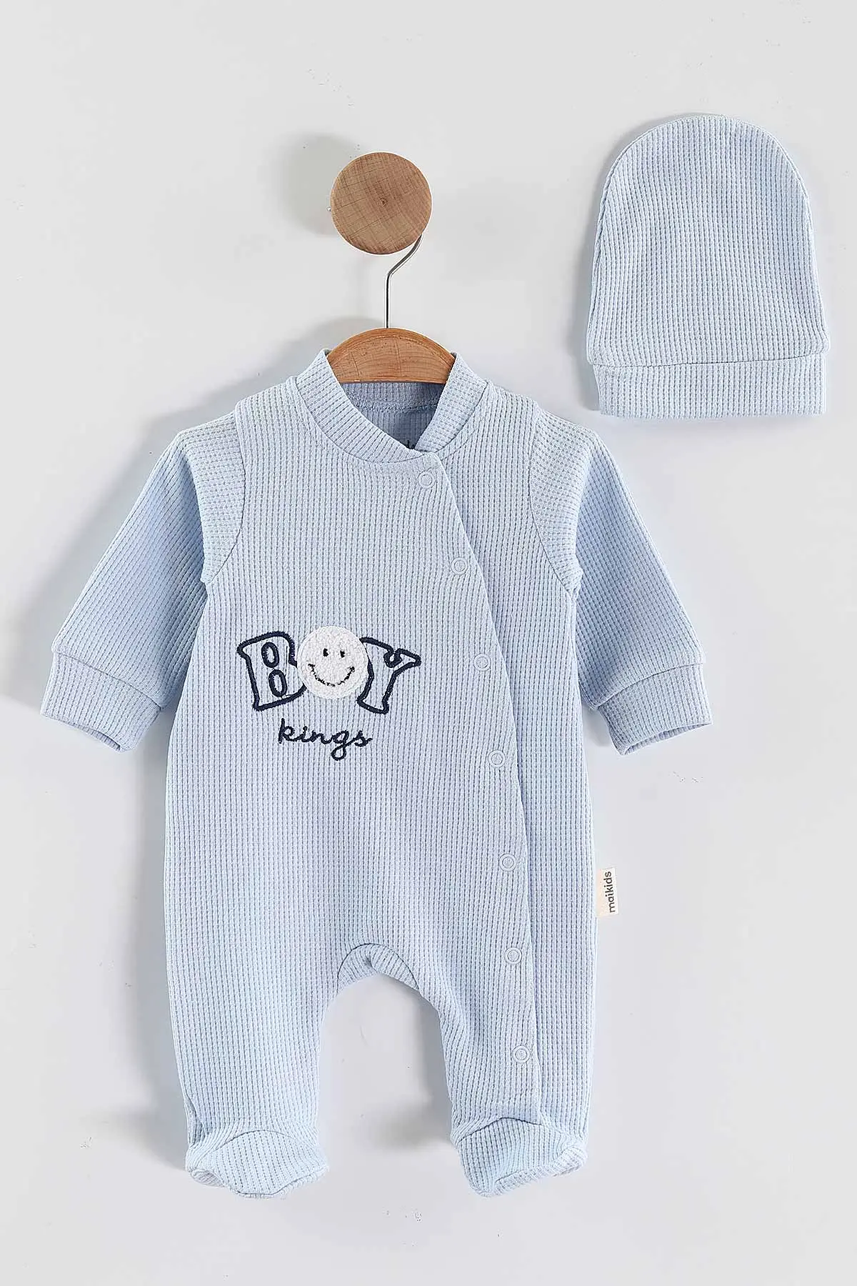 Bebe Mavisi (1-9 Ay)Boy Nakışlı Waffle Kumaş Çapraz Çıtçıtlı Erkek Bebek Tulum 434939