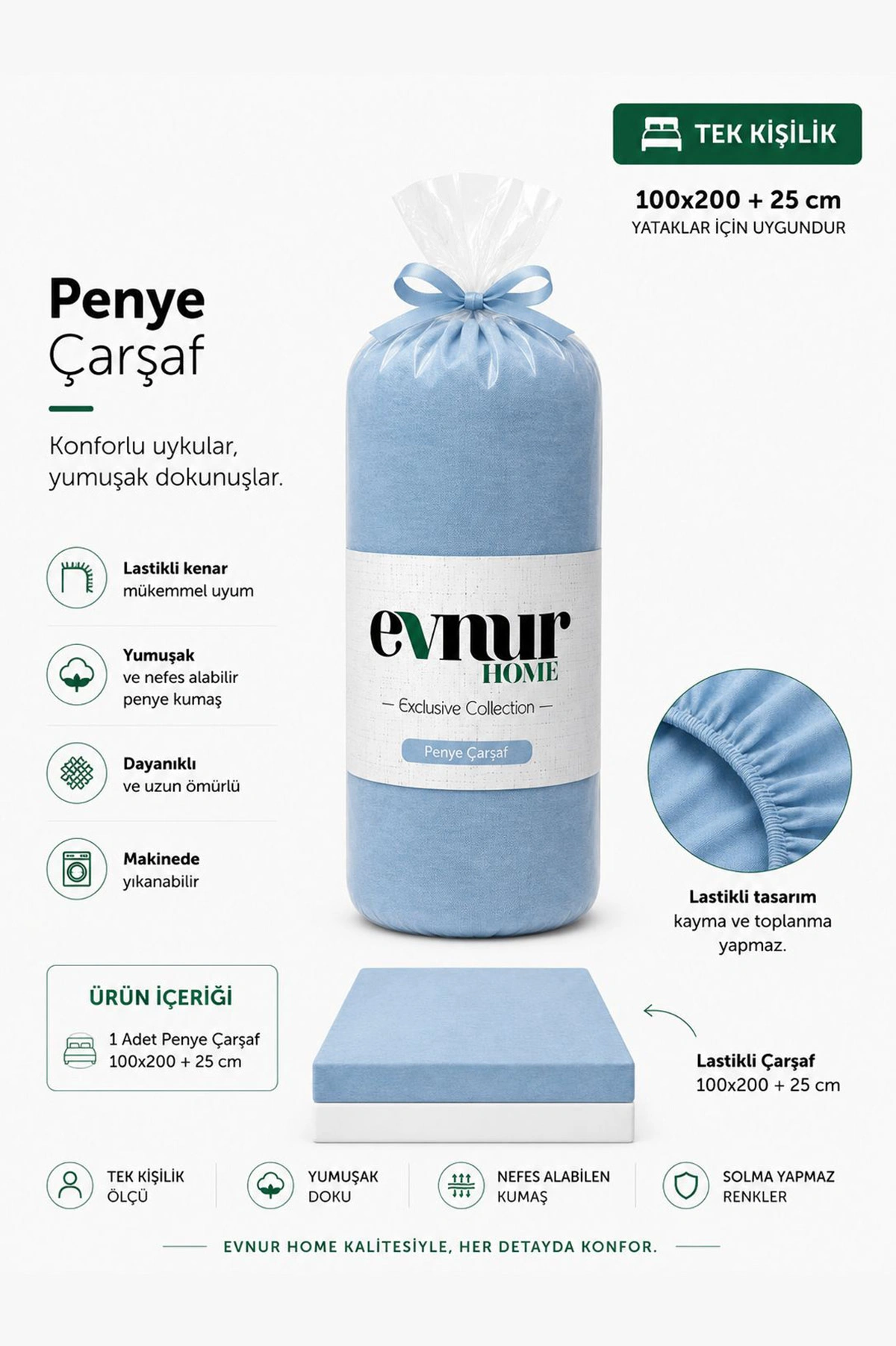 Bebe Mavisi 100x200+25 Cm Evnur Home Penye Tek Kişilik Fitted (Lastikli) Çarşaf 467382