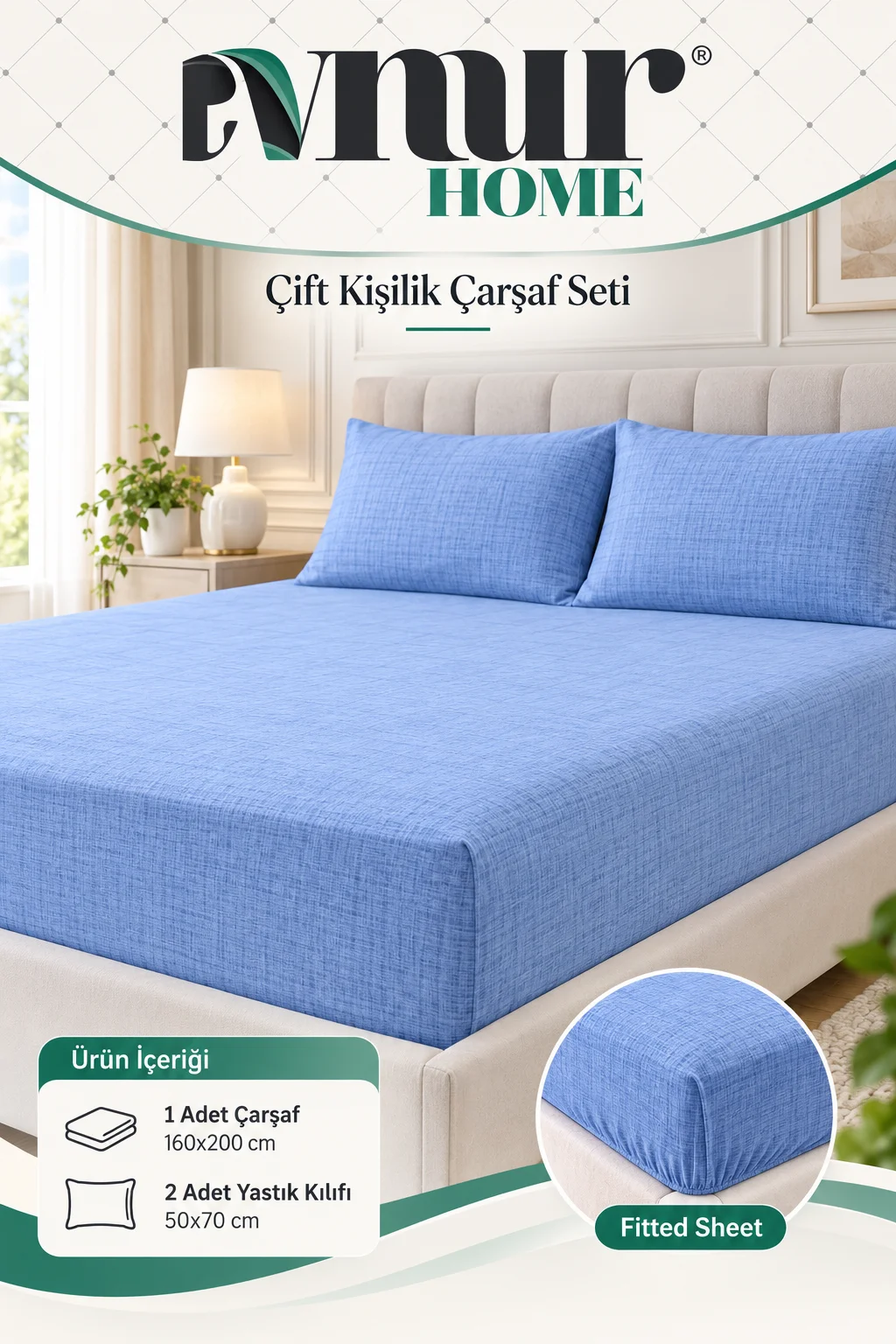 Bebe Mavisi 160x200 Cm Evnur Home Çift Kişilik Fitted (Lastikli) Çarşaf Seti 497685