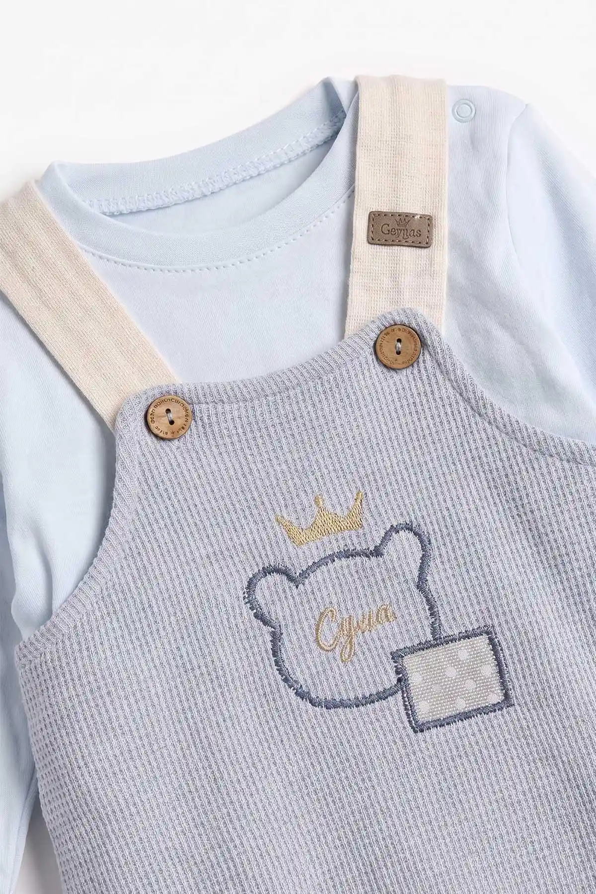 Bebe Mavisi (3-12 Ay) Kareli Ayı Nakışlı Waffle Erkek Bebek Tulum 476007