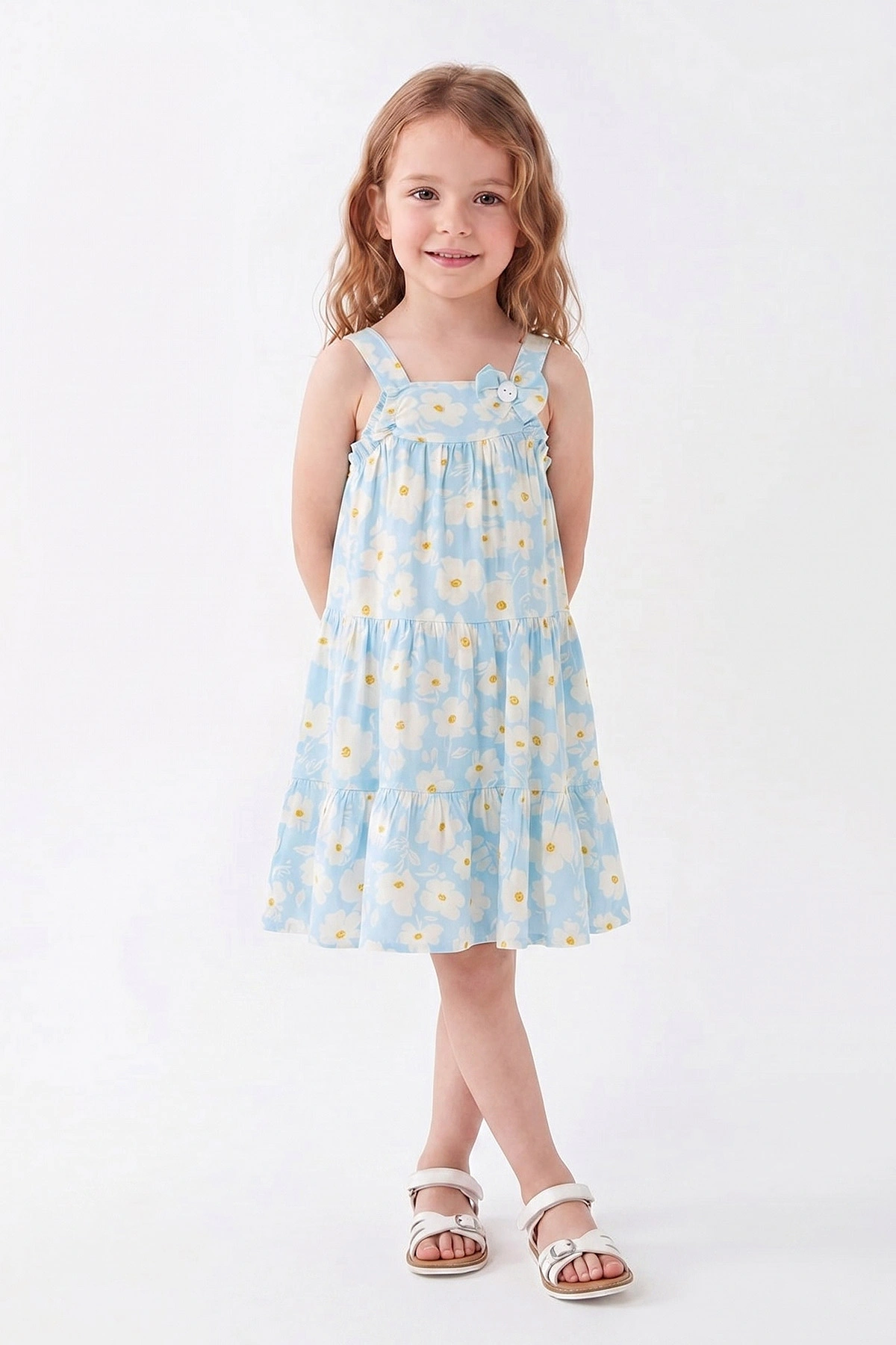 Bebe Mavisi (3-8 Yaş) Çiçek Desenli Askılı Fiyonklu Dokuma Kız Çocuk Elbise 454976