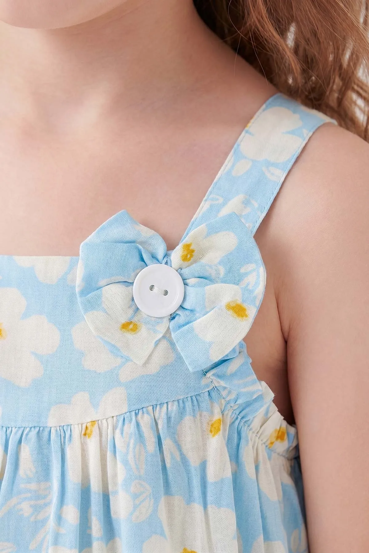 Bebe Mavisi (3-8 Yaş) Çiçek Desenli Askılı Fiyonklu Dokuma Kız Çocuk Elbise 454976