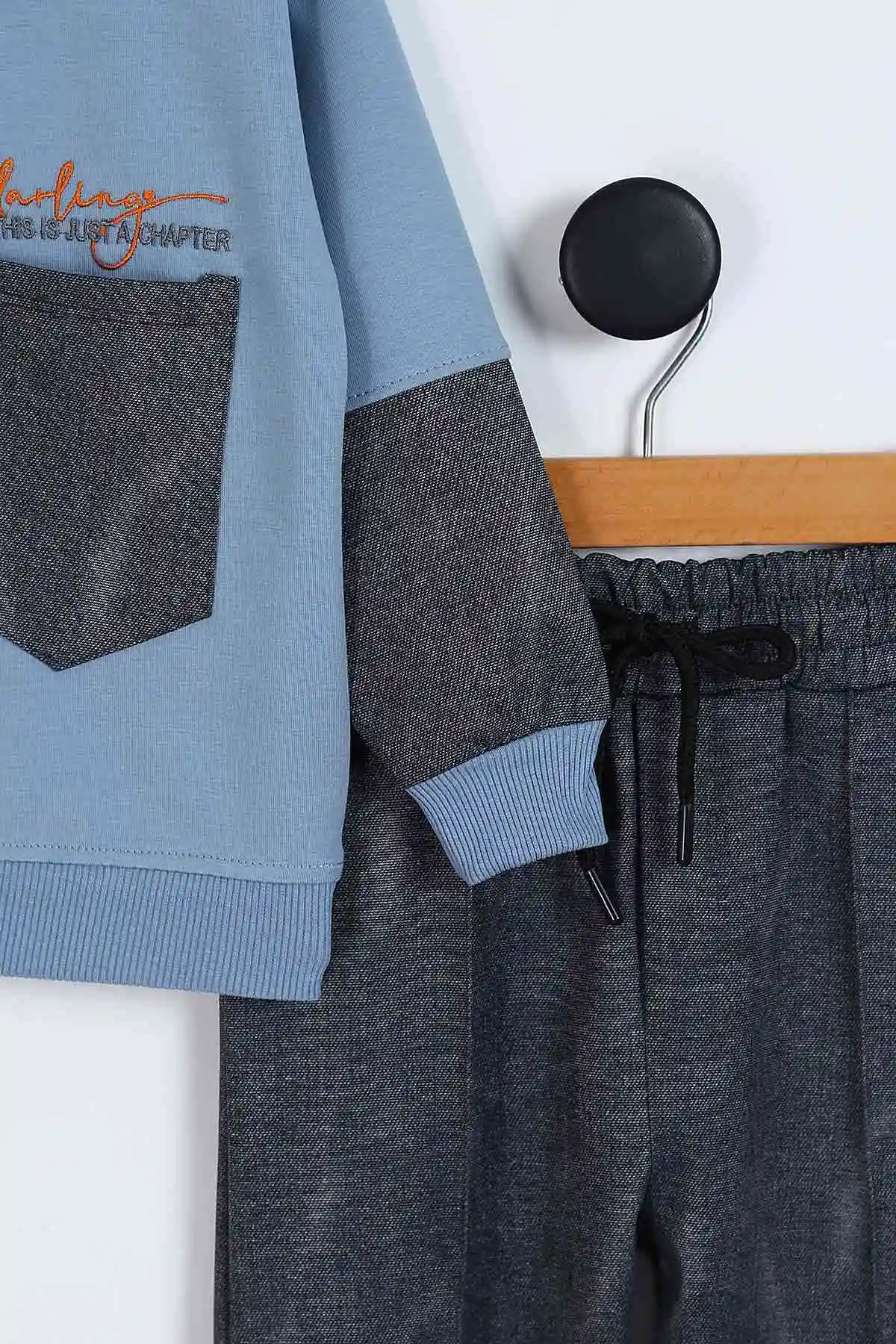 Bebe Mavisi (4-11 Yaş)Nakışlı Garni Detay Pantolonlu Erkek Çocuk 2'li Takım 339401