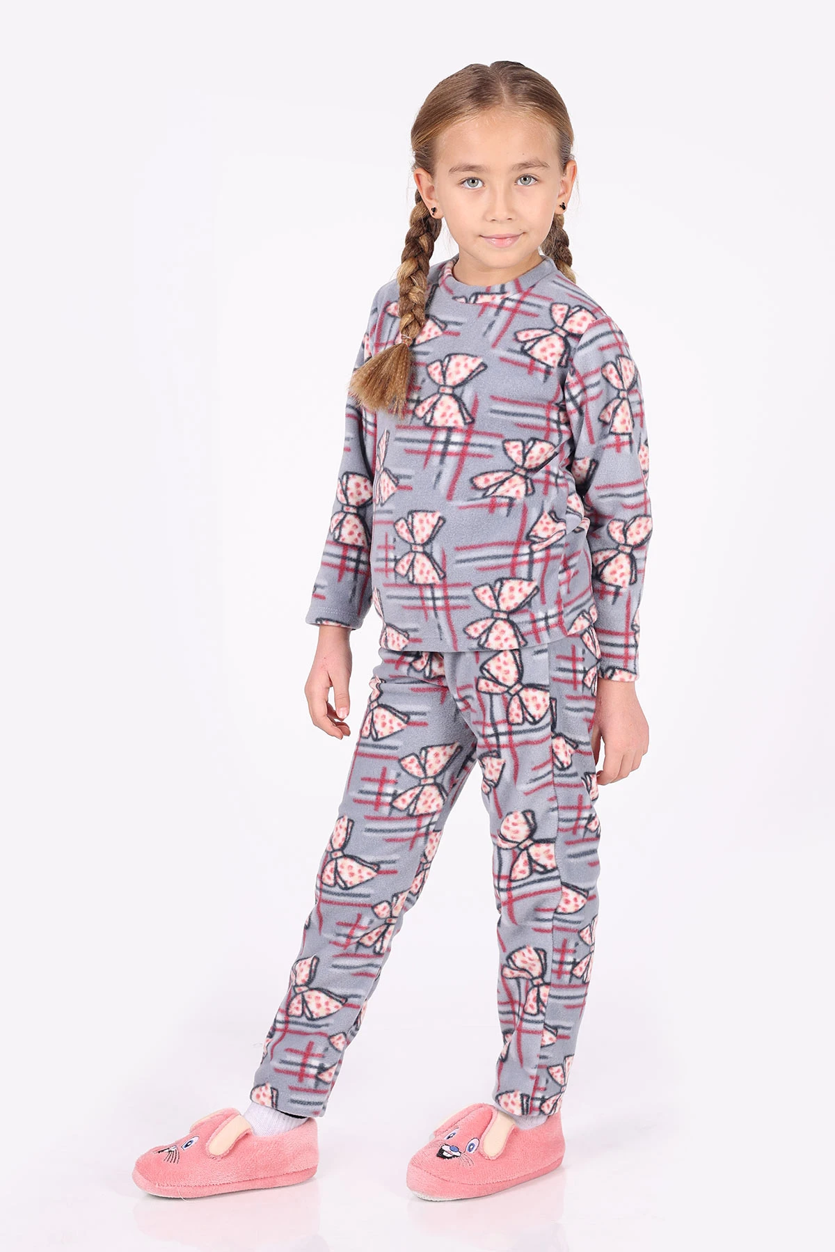 Bebe Mavisi (4-12 Yaş)Fiyonk Desenli Polar Kumaş Kız Çocuk Pijama Takımı 327478