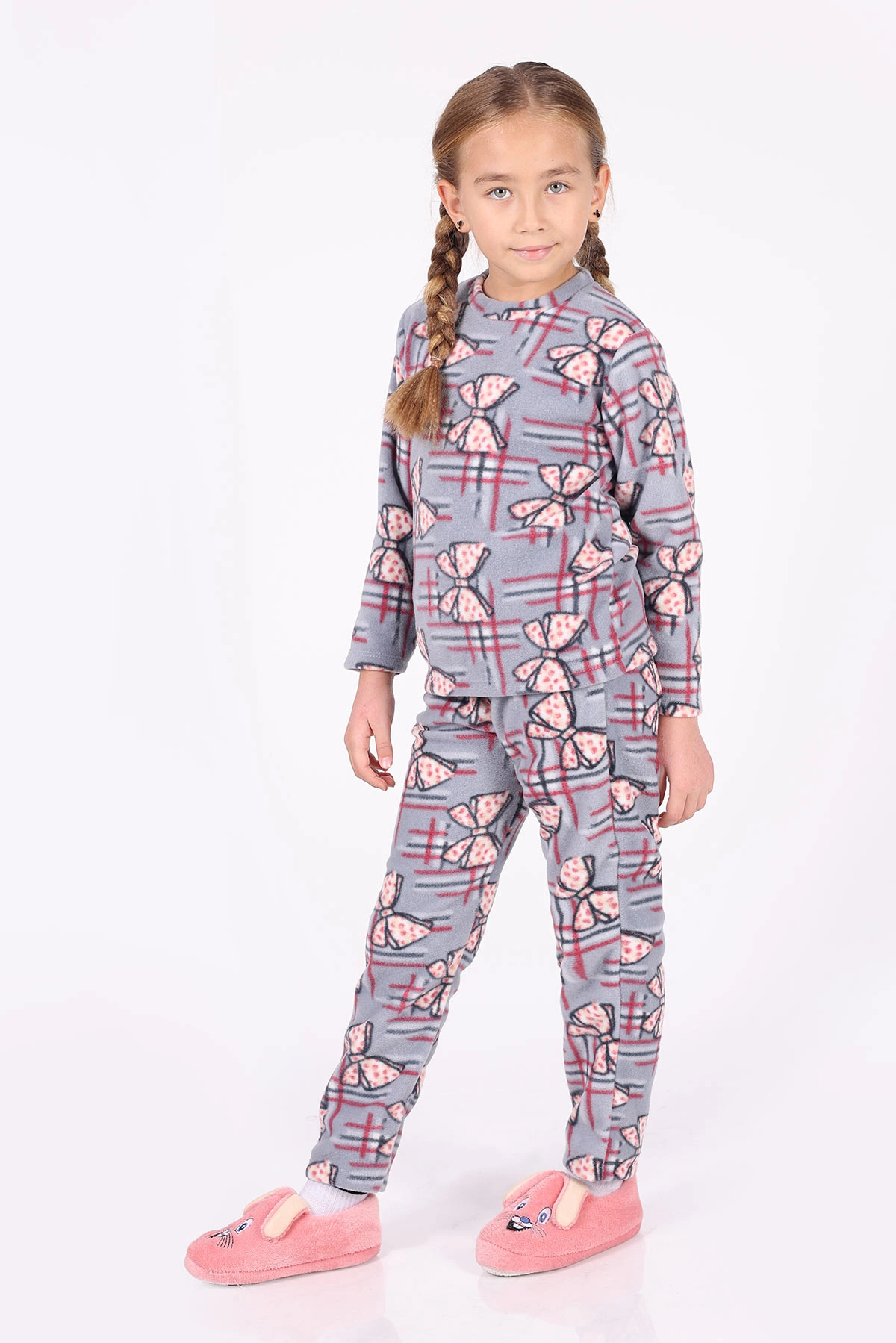Bebe Mavisi (4-12 Yaş)Fiyonk Desenli Polar Kumaş Kız Çocuk Pijama Takımı 327478