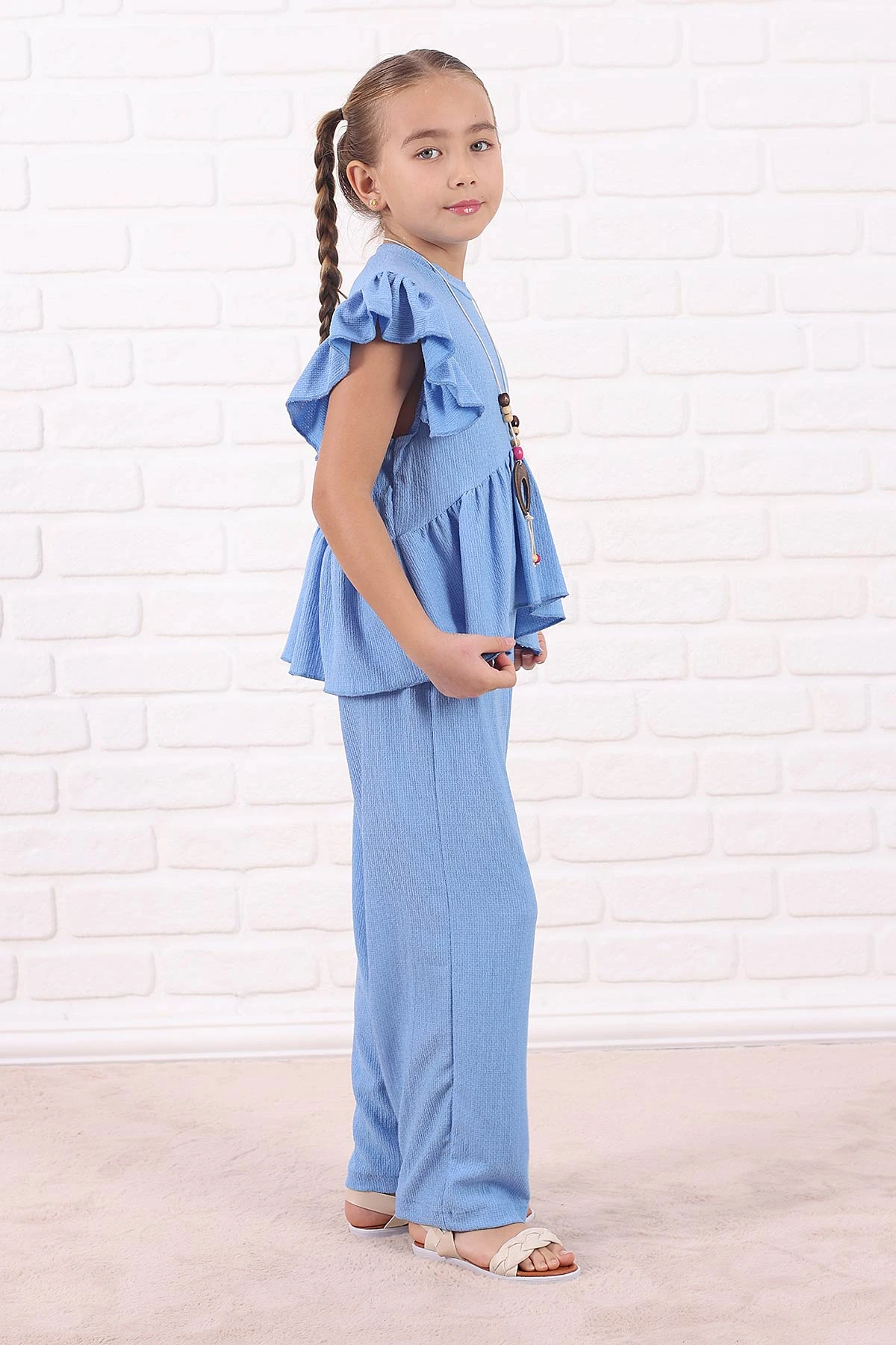 Bebe Mavisi (5-13 Yaş )FırfırlI Kolye Detaylı Bürümcük Kız Çocuk Takım 332908