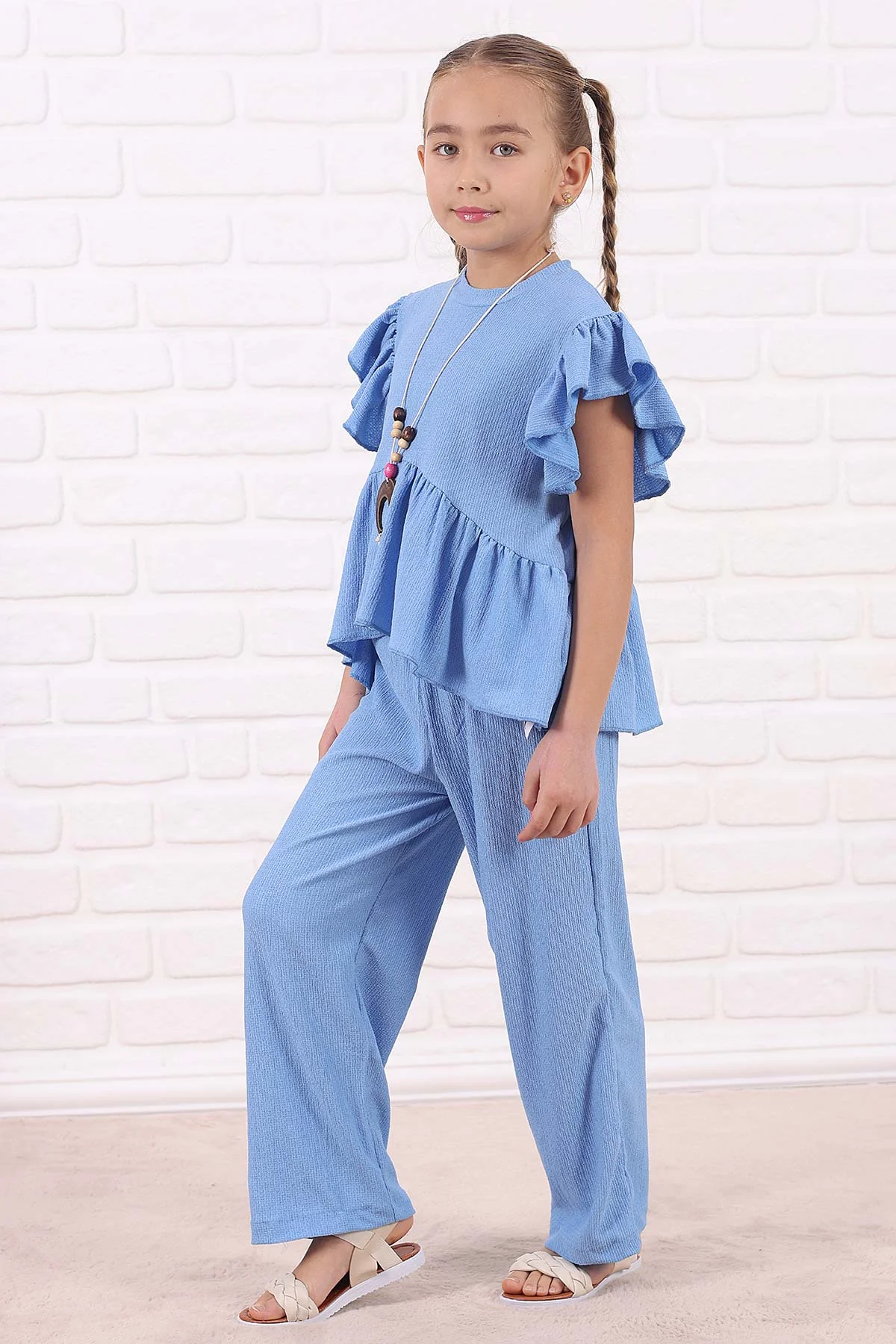 Bebe Mavisi (5-13 Yaş )FırfırlI Kolye Detaylı Bürümcük Kız Çocuk Takım 332908