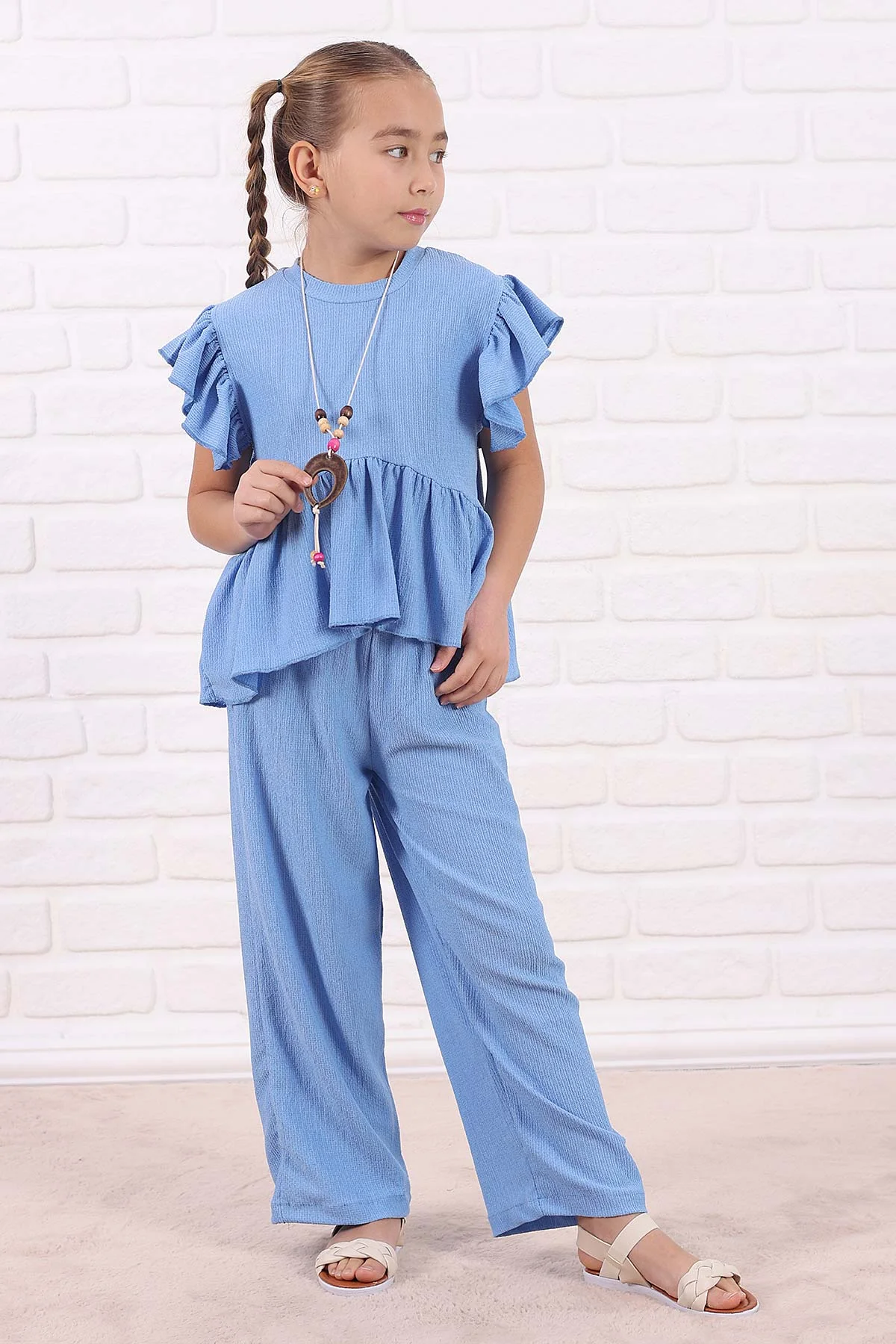 Bebe Mavisi (5-13 Yaş )FırfırlI Kolye Detaylı Bürümcük Kız Çocuk Takım 332908
