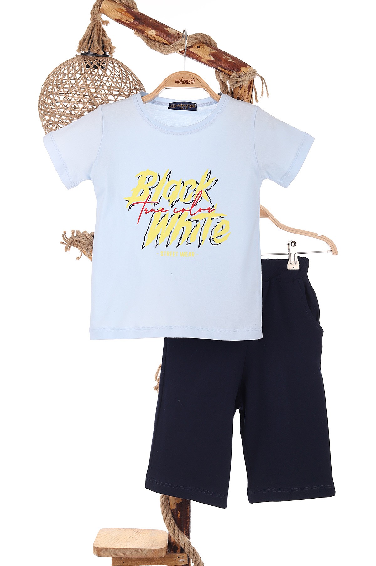 Bebe Mavisi (5-8 Yaş) Black White Baskılı Şortlu Erkek Çocuk Takım 170168