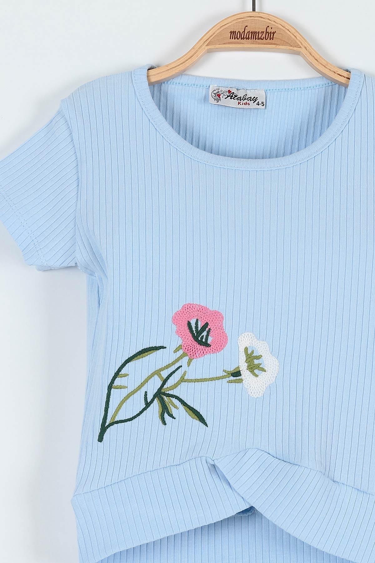 Bebe Mavisi (5-8 Yaş) Çiçek Nakışlı Bel Detaylı Fitilli Kız Çocuk Takım 184818