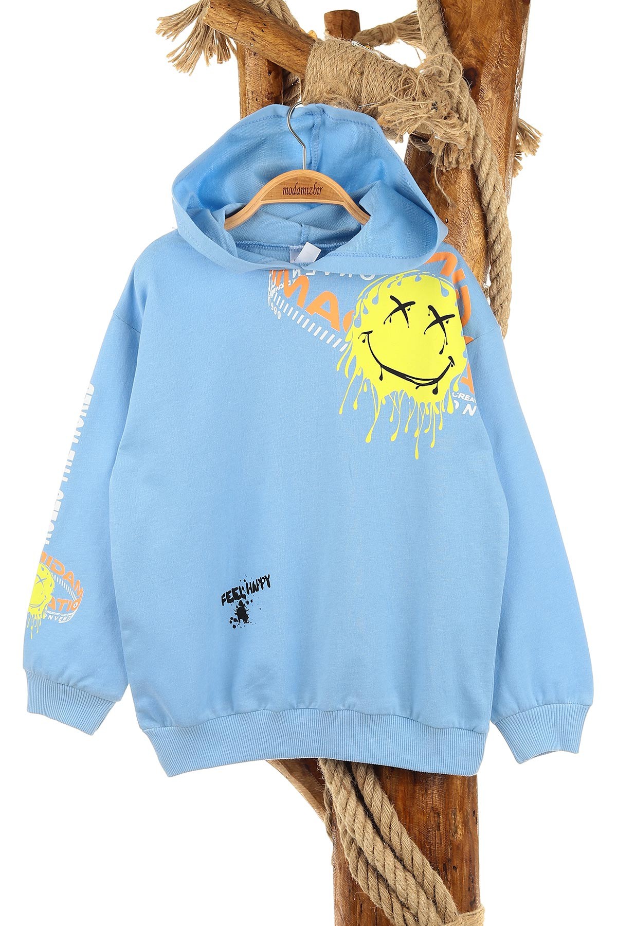 Bebe Mavisi (5-8 Yaş) Feel Happy Baskılı Kapüşonlu  Mevsimlik Erkek Çocuk Sweat 157161