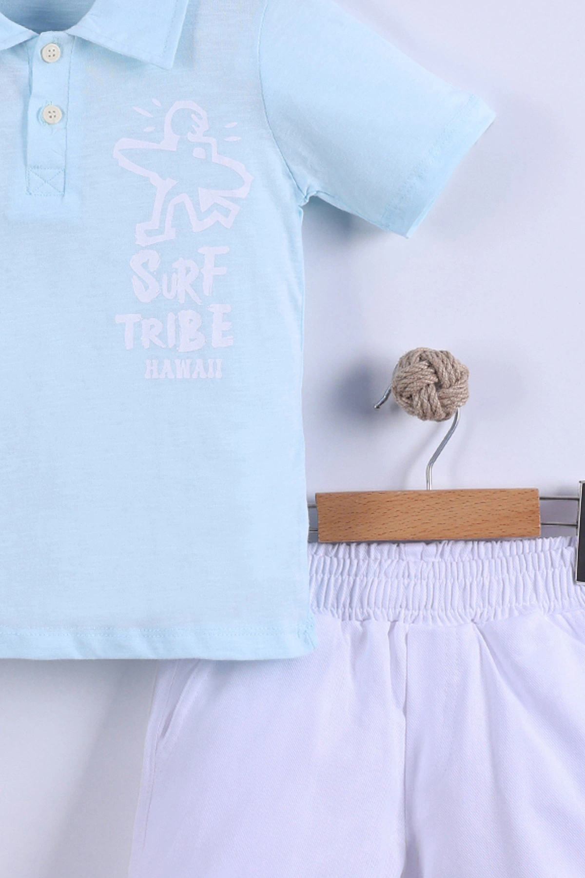 Bebe Mavisi (7-11 Yaş) Surf Tribe Baskılı Gömlek Yaka Tişörtlü   Gabardin  Şortlu Erkek Çocuk Yazlık Takım 441761