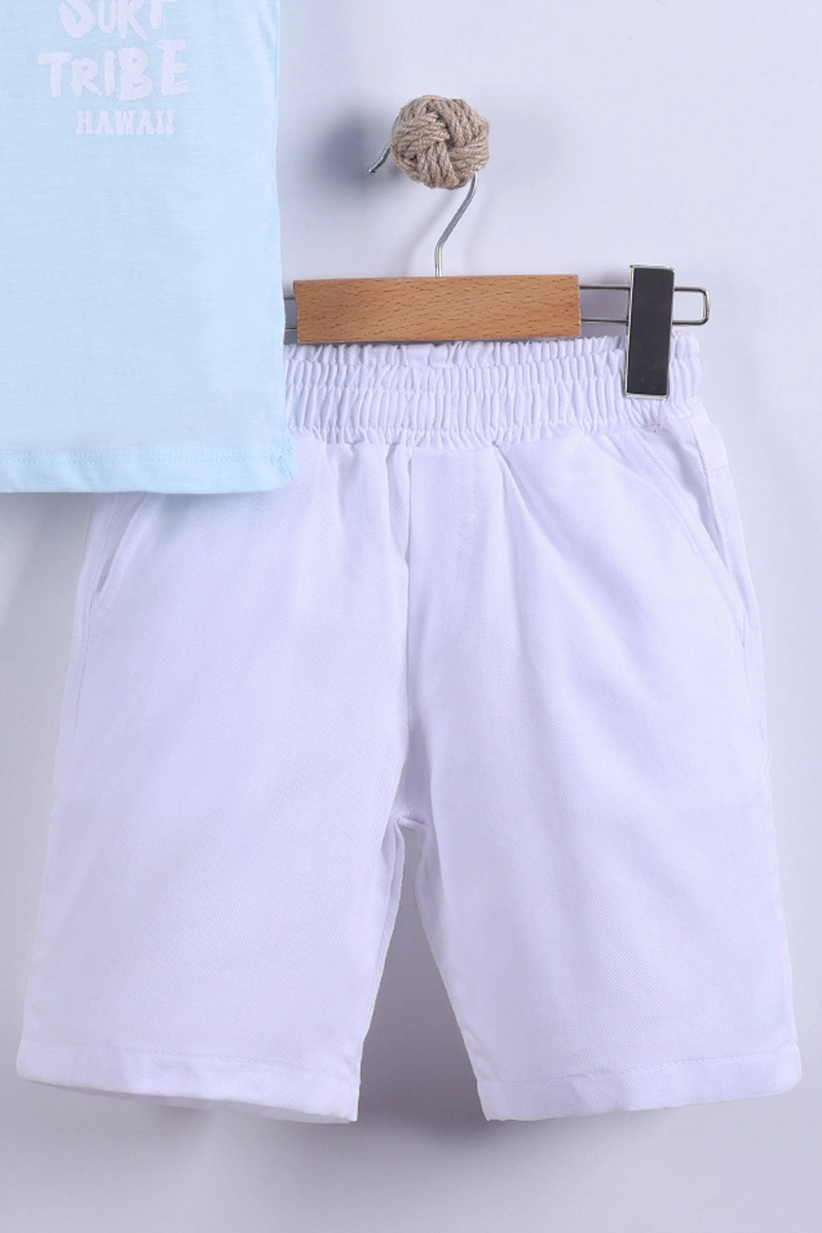 Bebe Mavisi (7-11 Yaş) Surf Tribe Baskılı Gömlek Yaka Tişörtlü   Gabardin  Şortlu Erkek Çocuk Yazlık Takım 441761