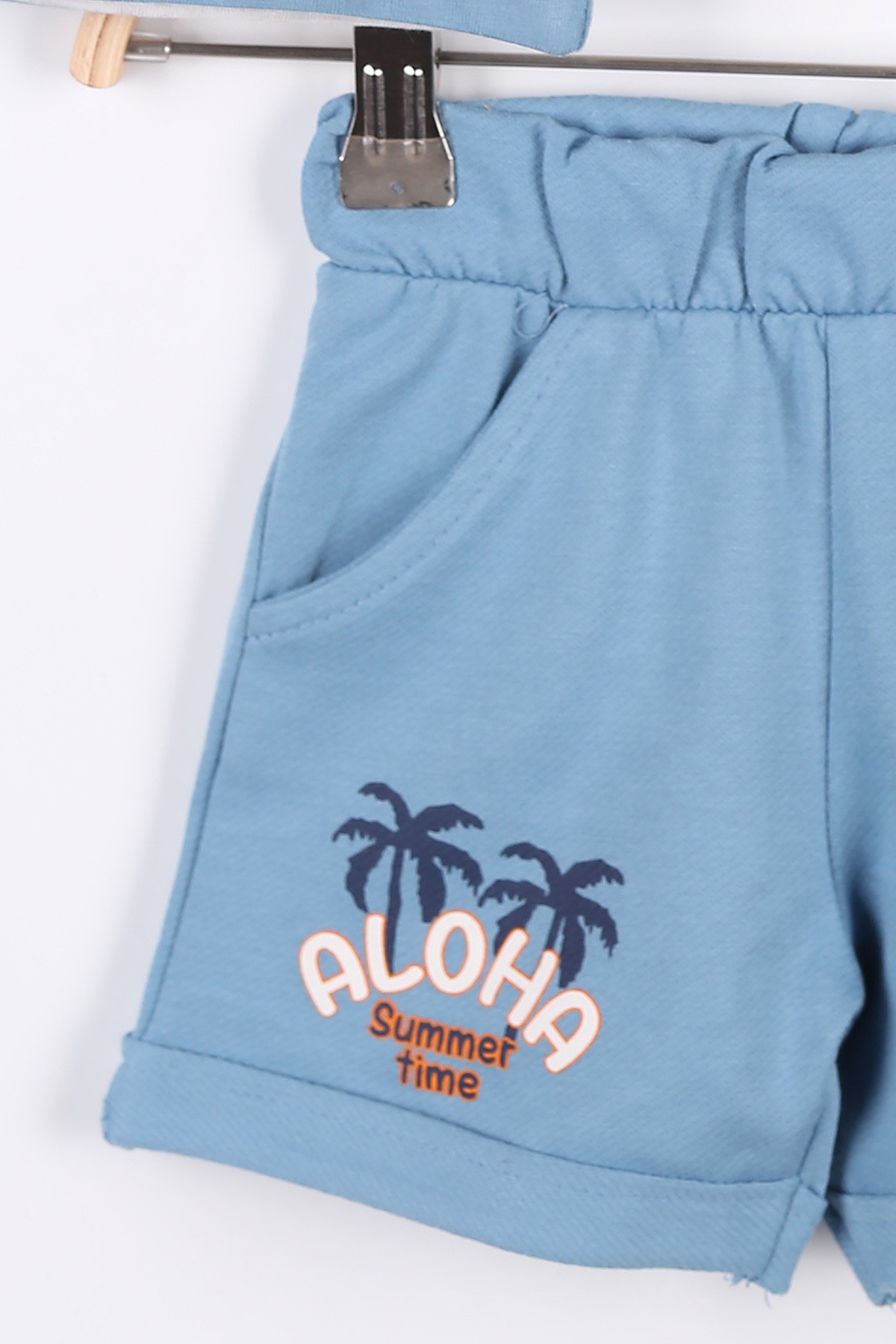 Bebe Mavisi (9-24 Ay) Aloha Araba Baskılı Yaka Detaylı Şortlu Erkek Bebe Takım 172722