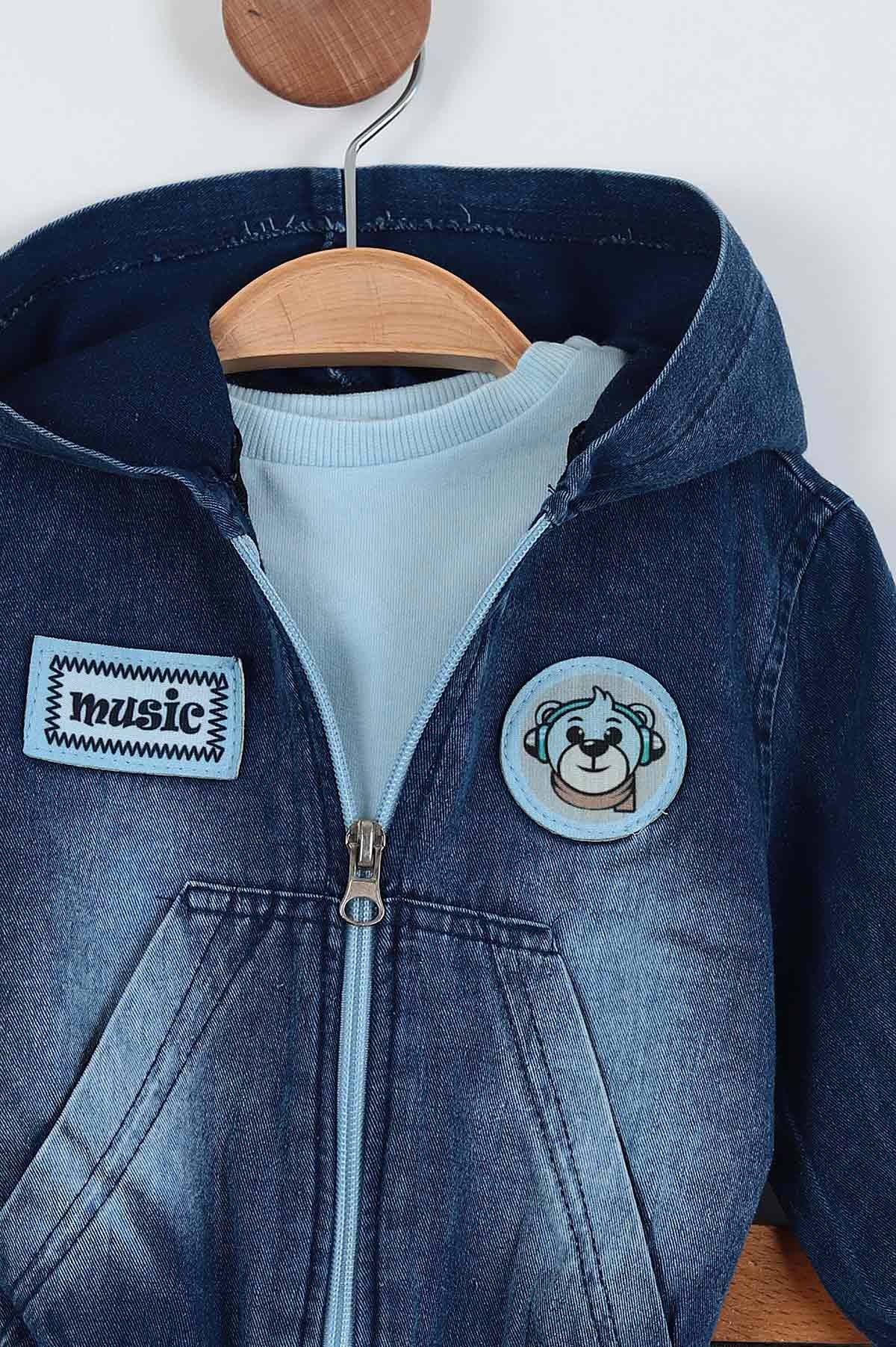 Bebe Mavisi (9-24 Ay) Kanguru Cep Detaylı Üçlü Kot Erkek Bebe Takım 222870