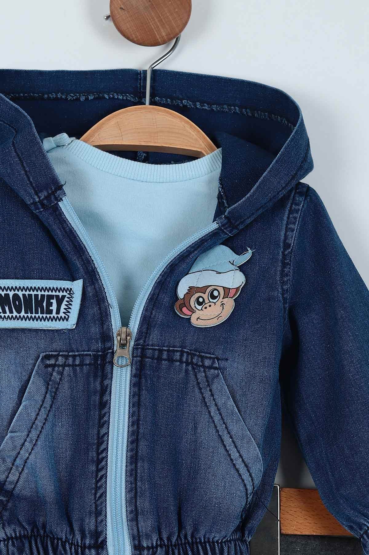 Bebe Mavisi (9-24 Ay) Kanguru Cep Detaylı Üçlü Kot Erkek Bebe Takım 222875