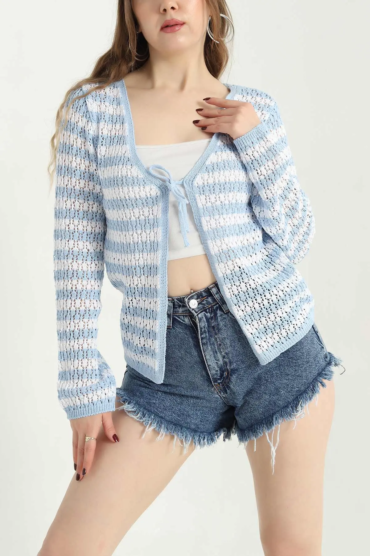 Bebe Mavisi Ajurlu Çizgili Triko Hırka 340825