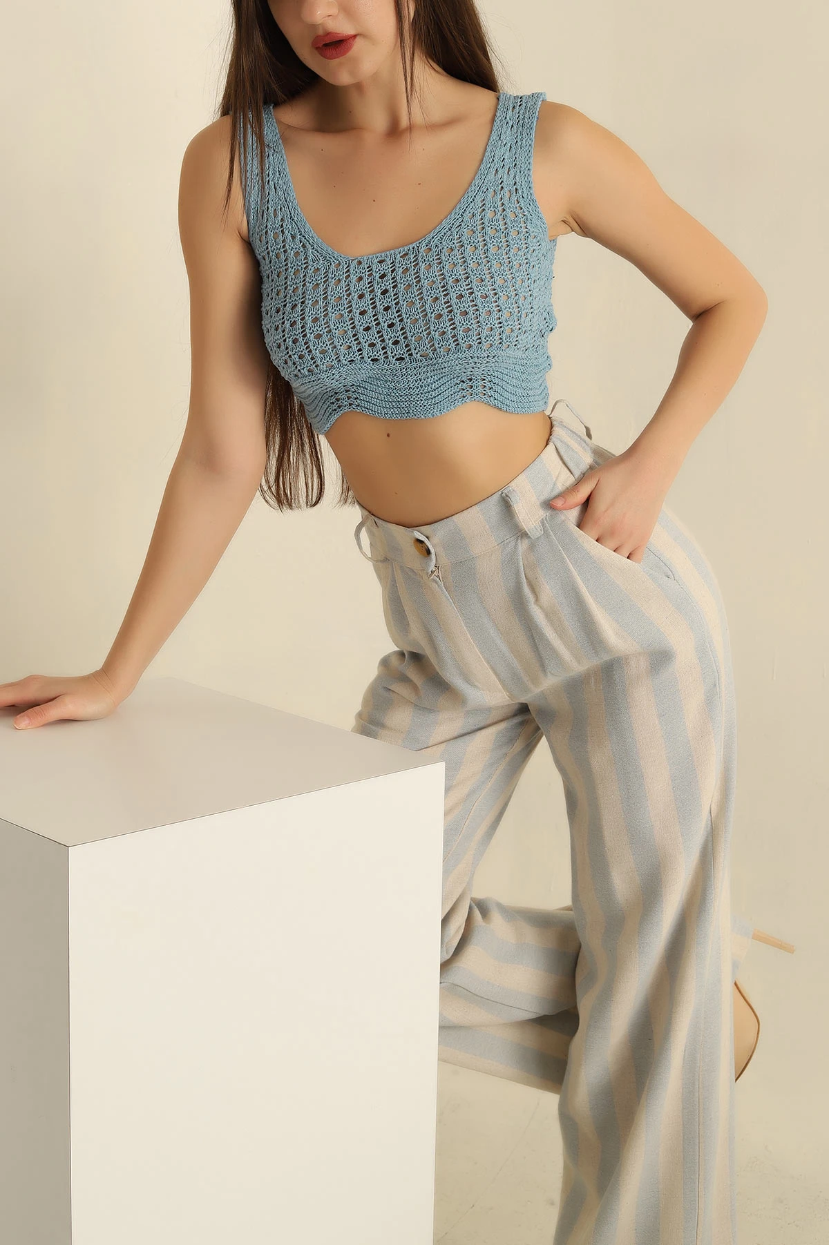 Bebe Mavisi Ajurlu Crop Triko Bluz 271050