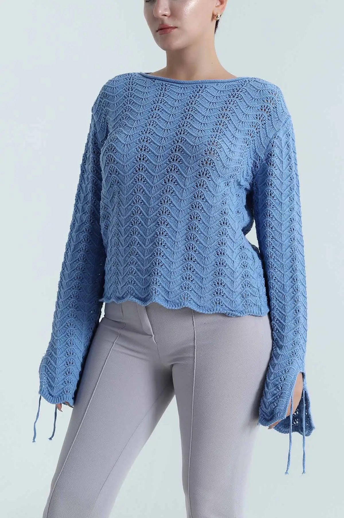Bebe Mavisi Ajurlu Kol Ağzı Bağcıklı Triko Kadın Bluz 483743
