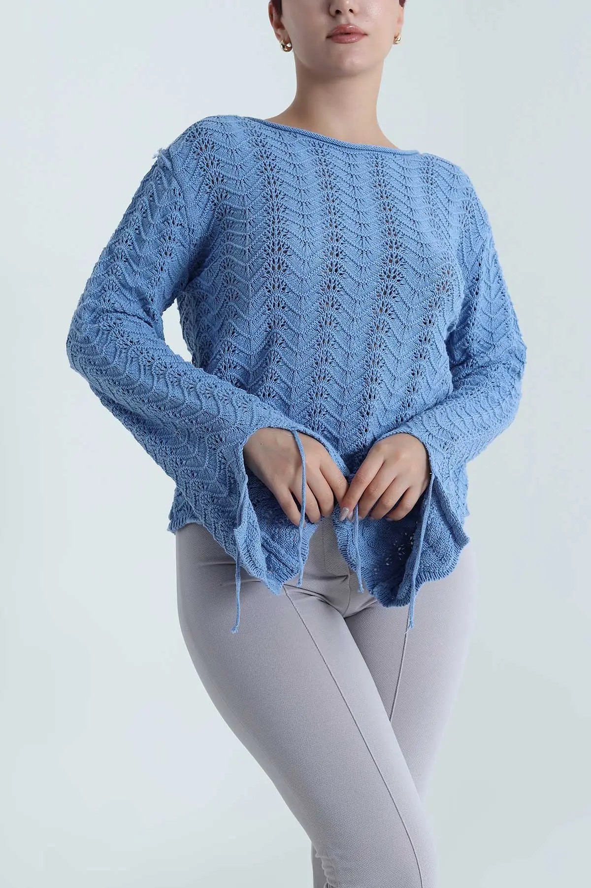 Bebe Mavisi Ajurlu Kol Ağzı Bağcıklı Triko Kadın Bluz 483743