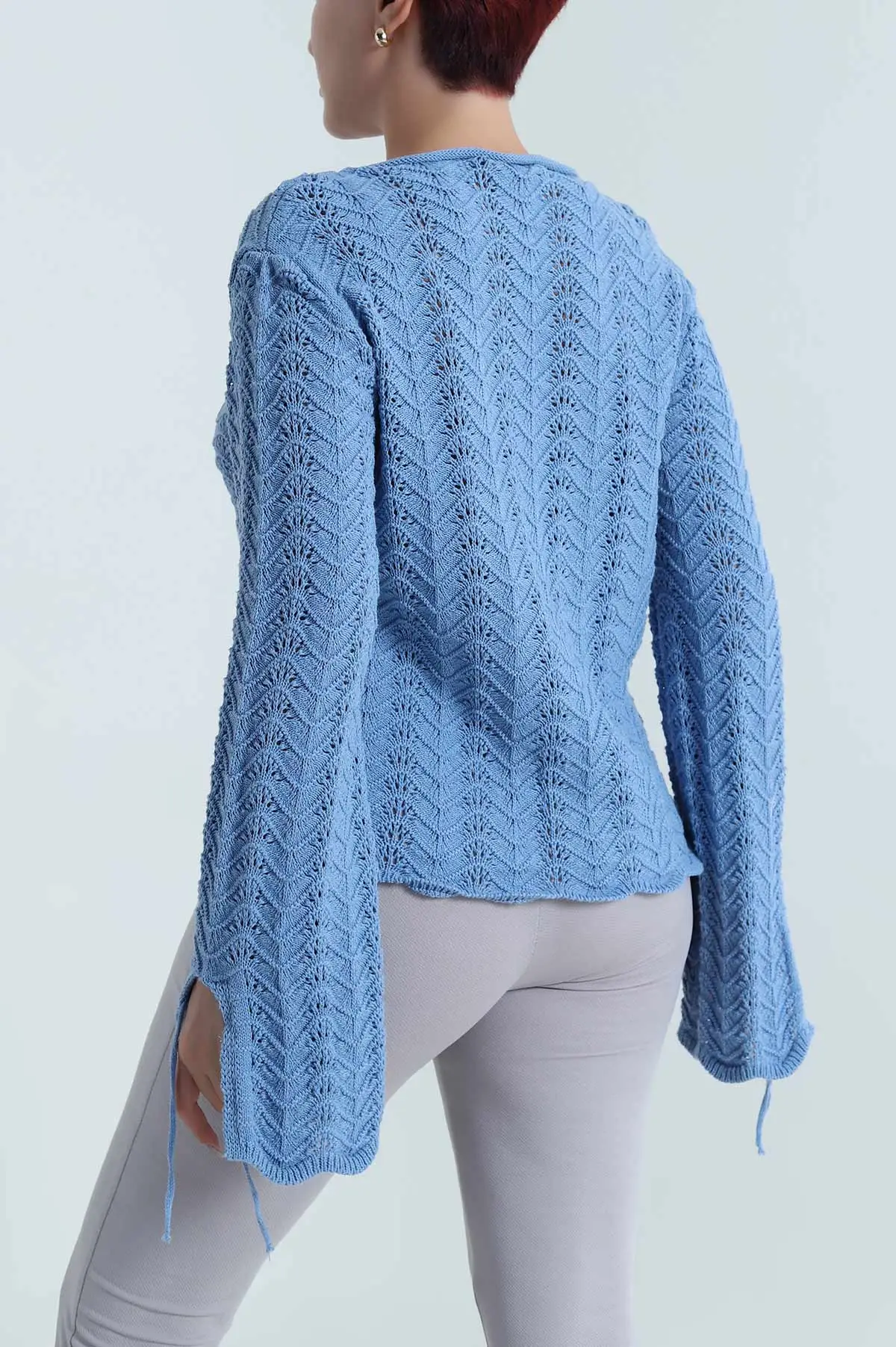 Bebe Mavisi Ajurlu Kol Ağzı Bağcıklı Triko Kadın Bluz 483743
