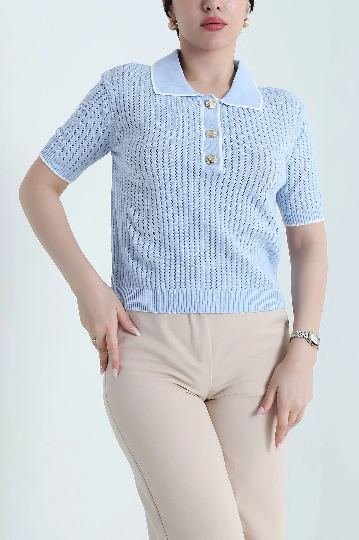 Bebe Mavisi Ajurlu Polo Yaka Kadın Triko Tişört 456788
