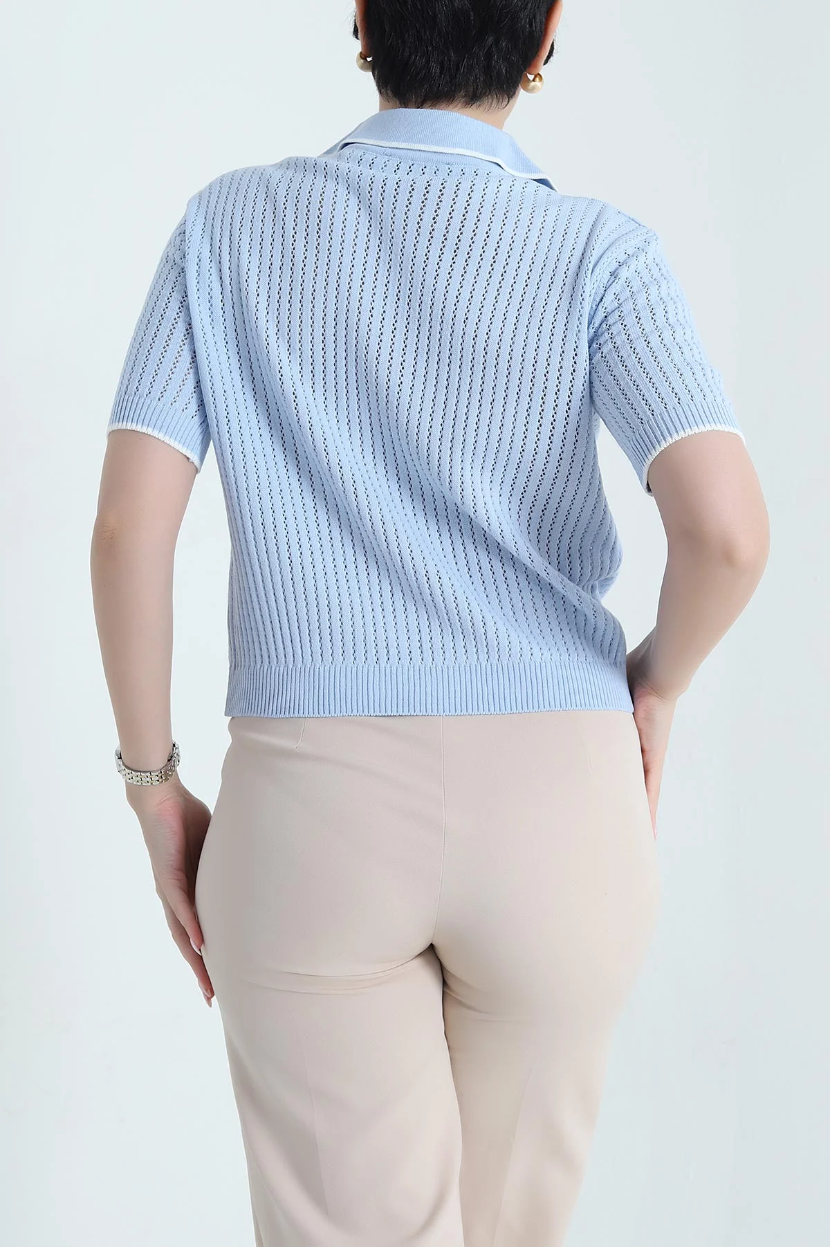 Bebe Mavisi Ajurlu Polo Yaka Kadın Triko Tişört 456788