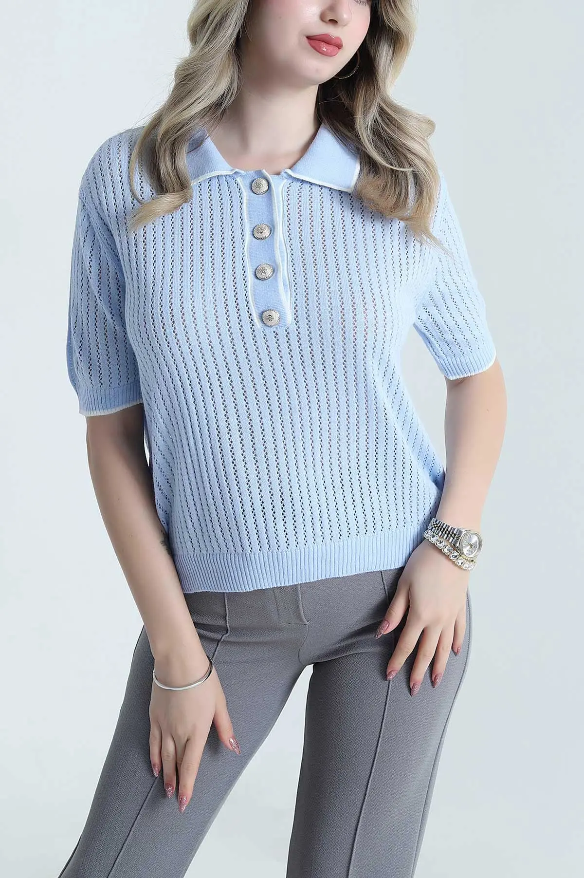 Bebe Mavisi Ajurlu Polo Yaka Triko 477706