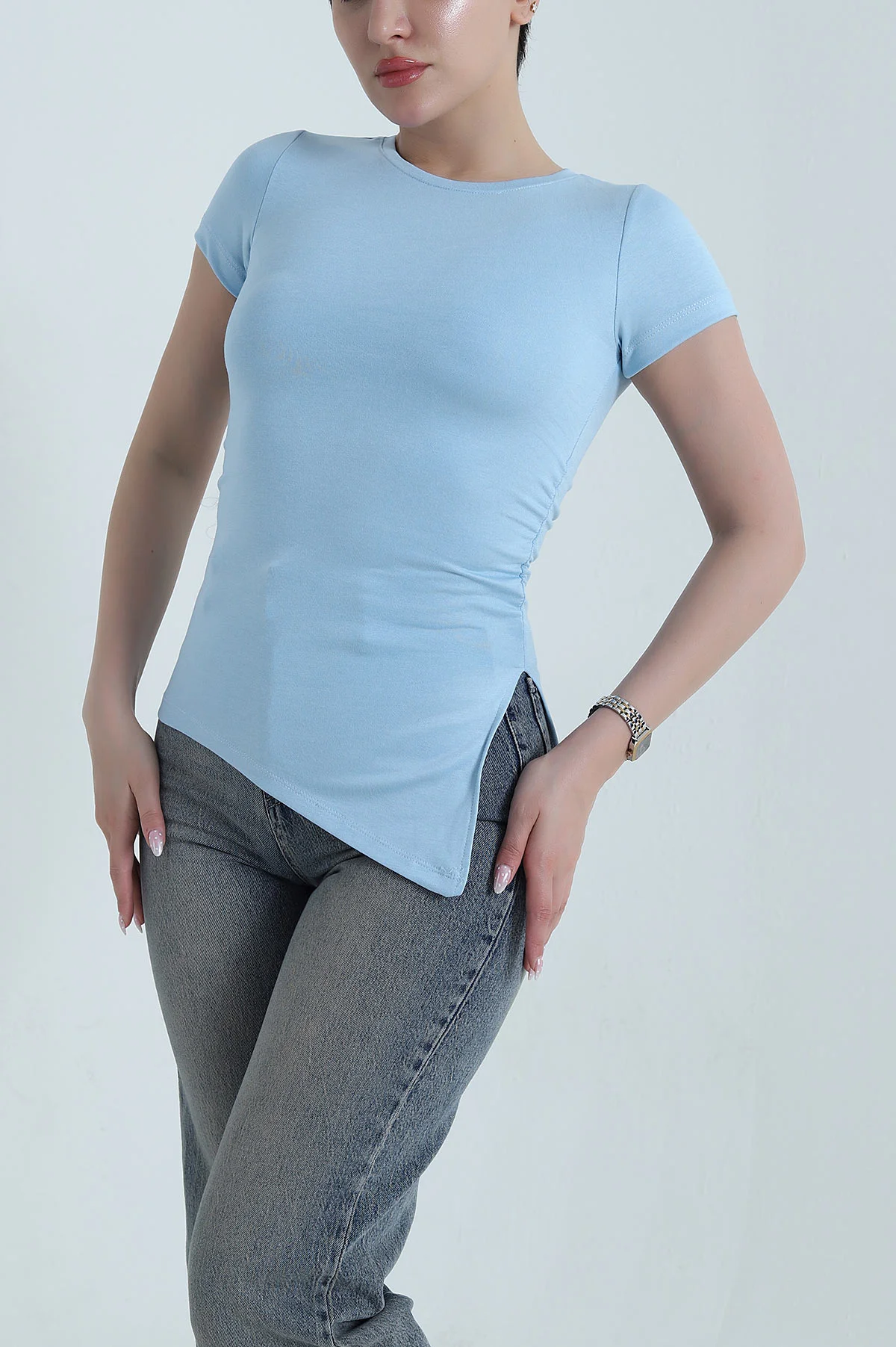 Bebe Mavisi Asimetrik Kesim Büzgülü Oysho Kadın Bluz 458328