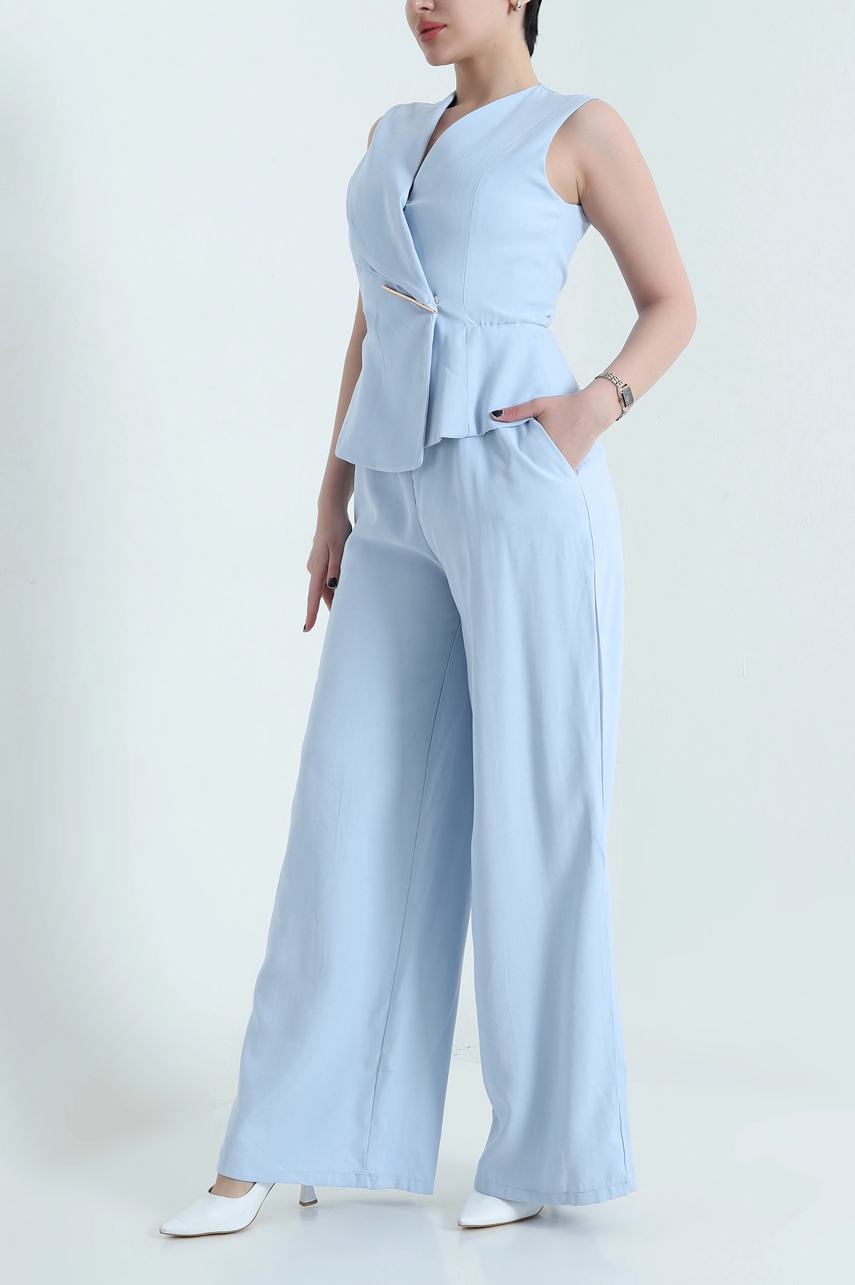 Bebe Mavisi Astarlı Kolsuz İthal Gabardin Kadın Tulum Elbise 454305
