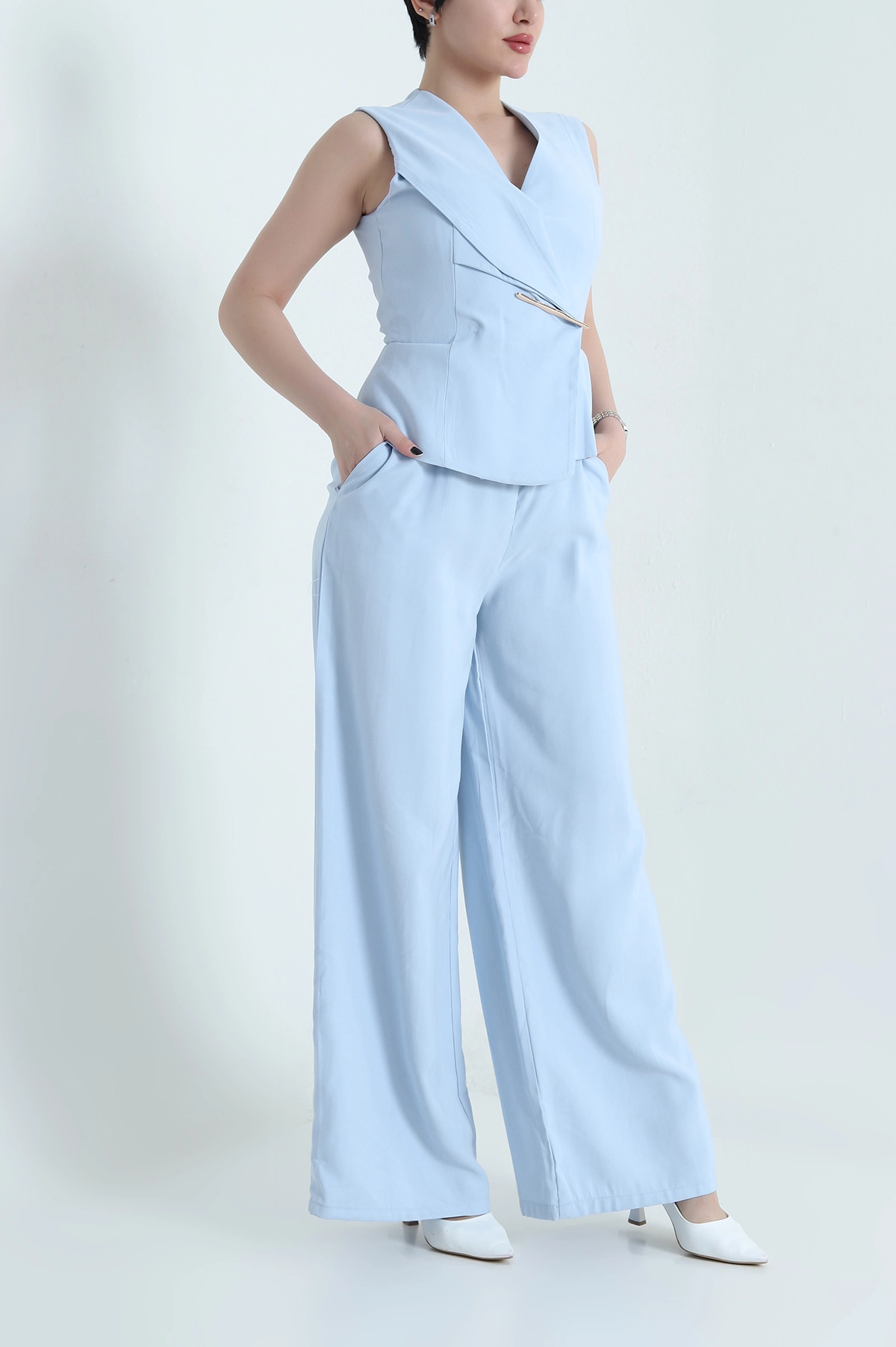 Bebe Mavisi Astarlı Kolsuz İthal Gabardin Kadın Tulum Elbise 454305