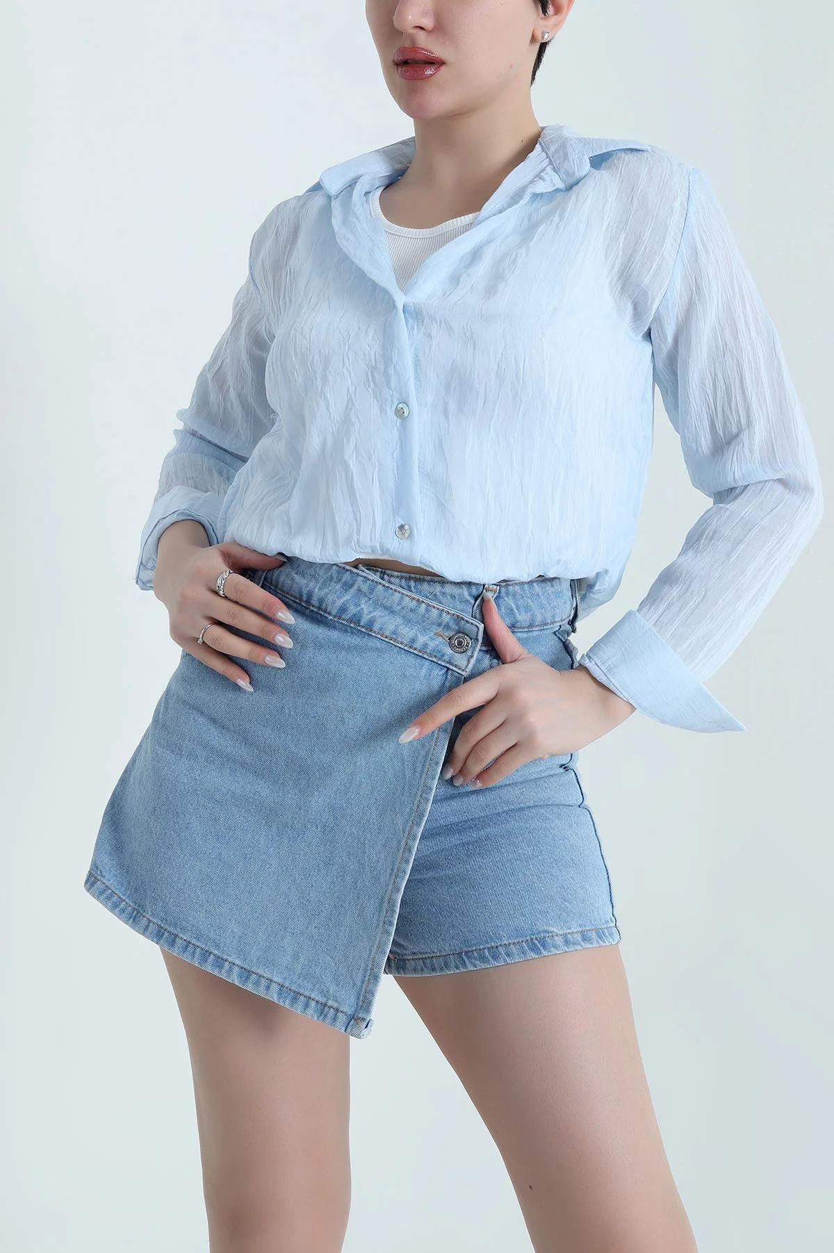 Bebe Mavisi Atletli Tencel Kadın Balon Gömlek 449383