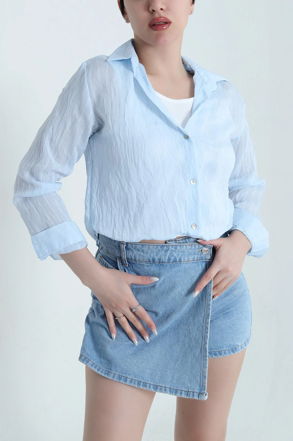 Bebe Mavisi Atletli Tencel Kadın Balon Gömlek 449383