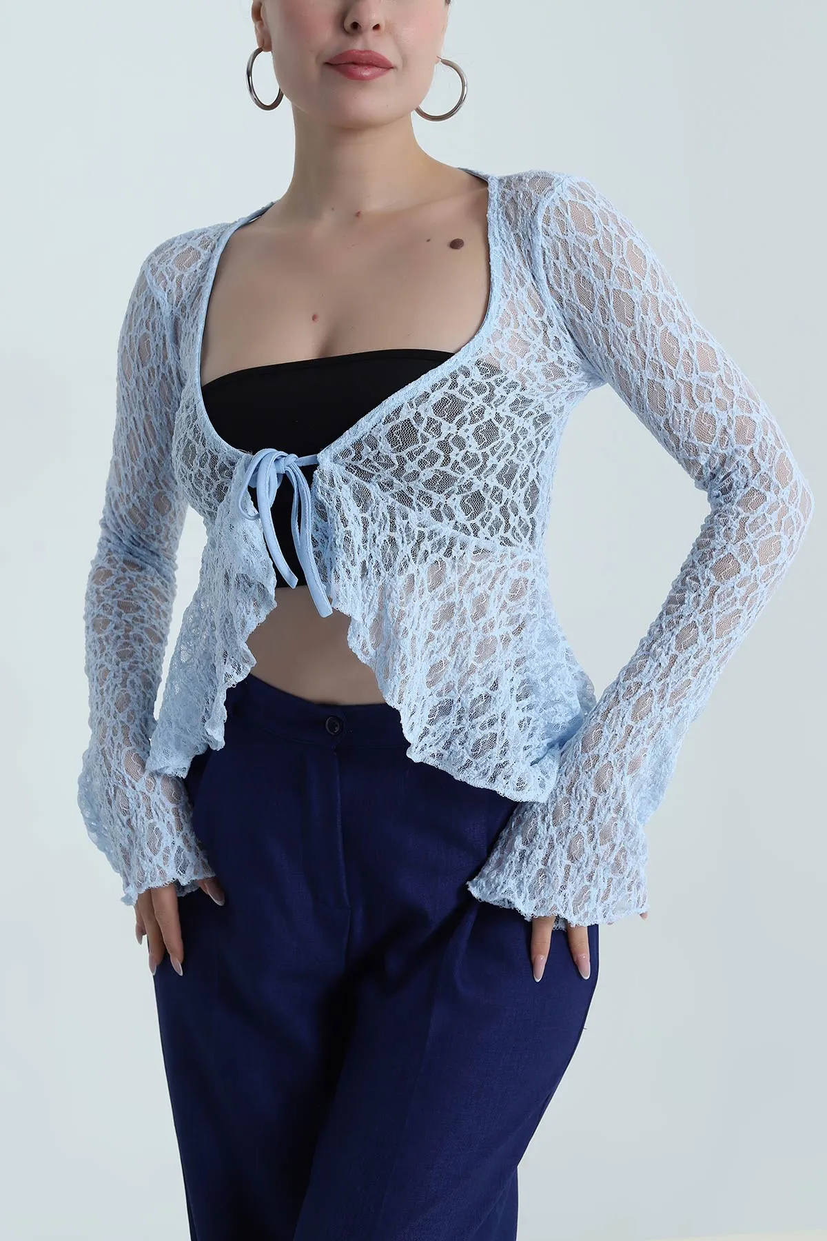 Bebe Mavisi Bağlamalı Dantelli Kadın Bluz 488633